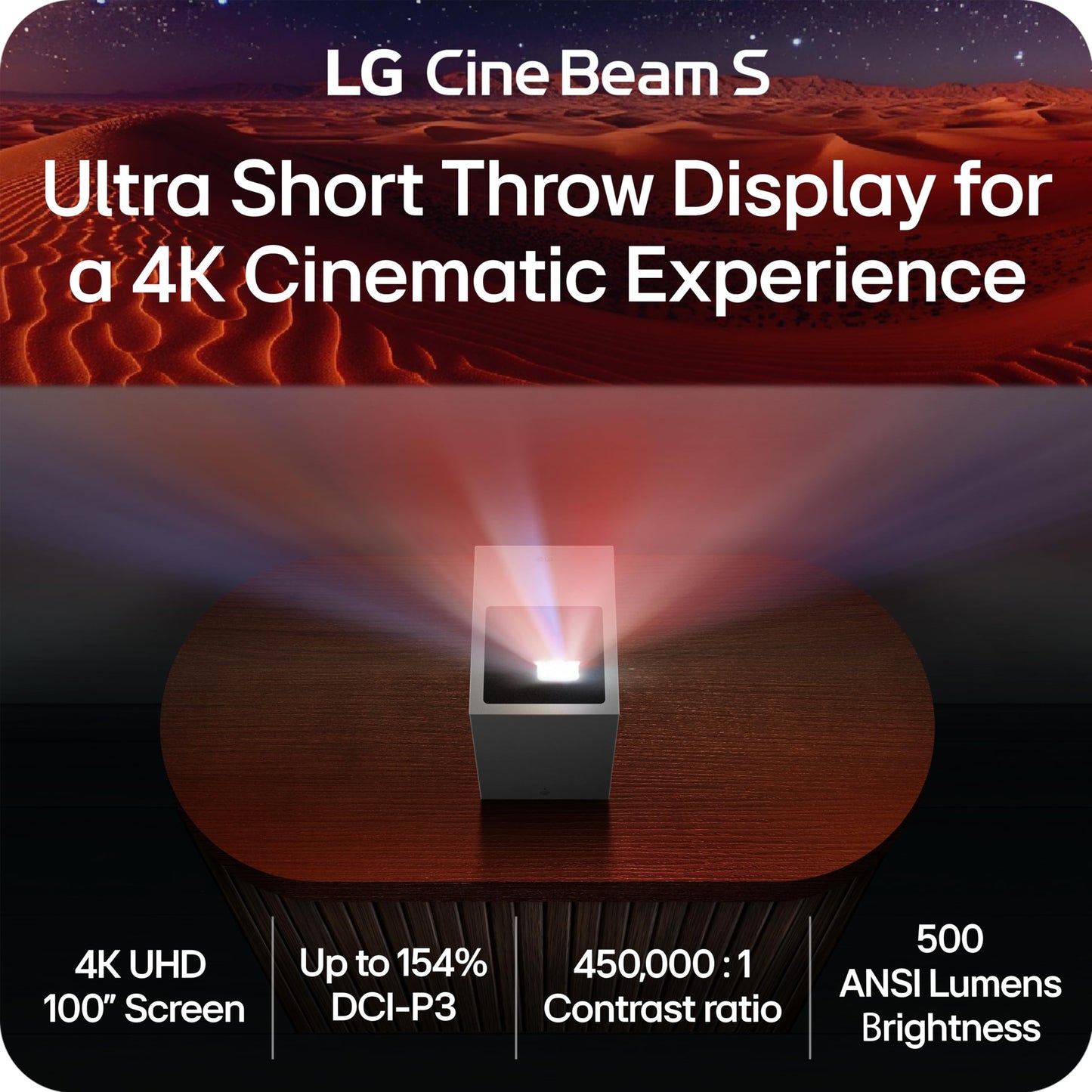 LG CineBeam S PU615U 4K UHD Ultra Short Throw Smart Projector, Auto Screen Adjustment, up to 100” Projection, up to DCI-P3 154%, 450,000:1 Contrast, Speakers with Dolby Atmos, HDR10, HDMI, USB, HID