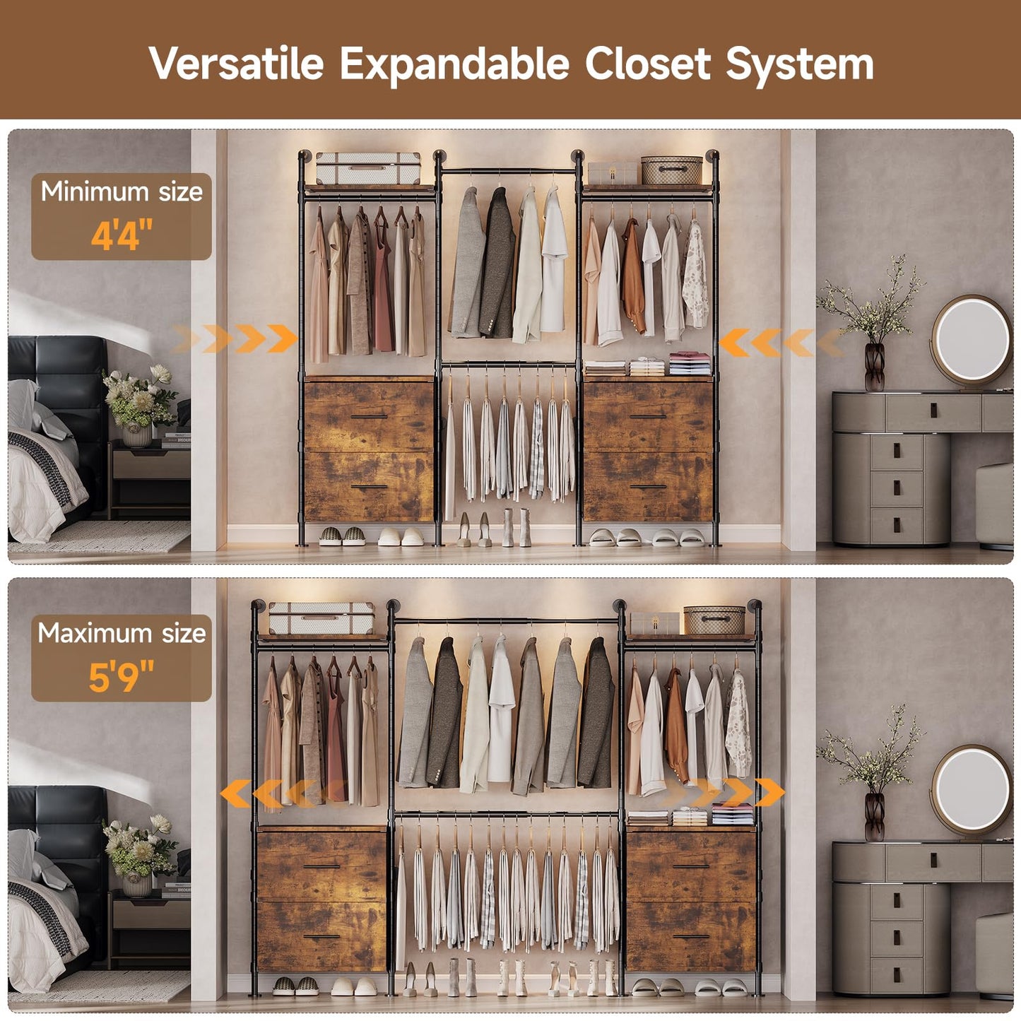 ONBRILL T4 Wall Mounted Closet System, Industrial Pipe Clothing Rack with 8 Wooden Shelves, 4 Drawers & 4 Hanging Rods (2 Expandable), Heavy Duty Closet Organizers and Storage System (Rustic Brown)