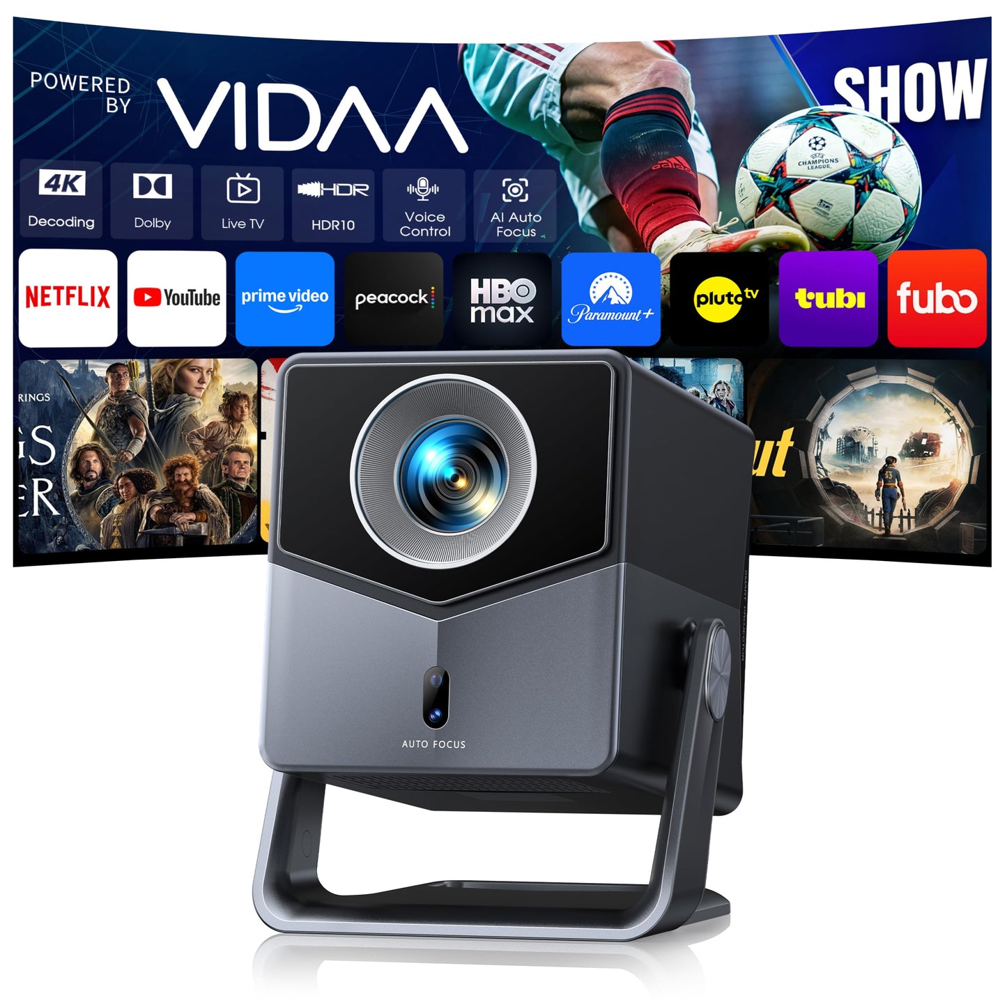 Smart Projector 4K [VIDAA Live TV & 36W Dolby & Voice Control] with WiFi6 and Bluetooth, Short Throw Projector Compatible with Netflix, AI Auto Focus, HDR10, Home Theater Proyector for Outdoor Movies