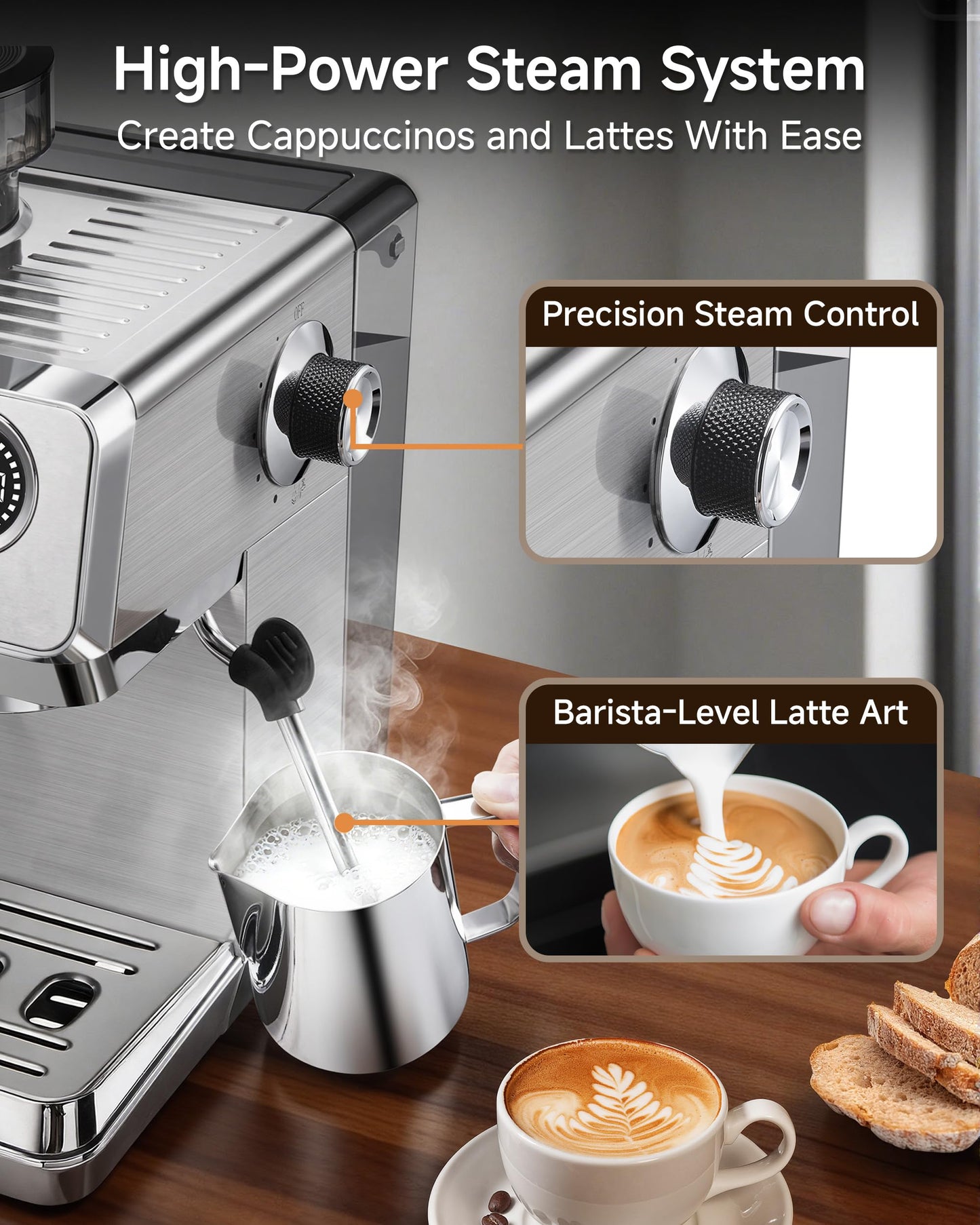 Espresso Machine with Grinder, 20 Bar Stainless Steel Espresso Coffee Machine, 44 Grind Settings, 0.1s Precision Timer, PID Control, Milk Frother for Latte, Cappuccino, Americano & Cold Brew