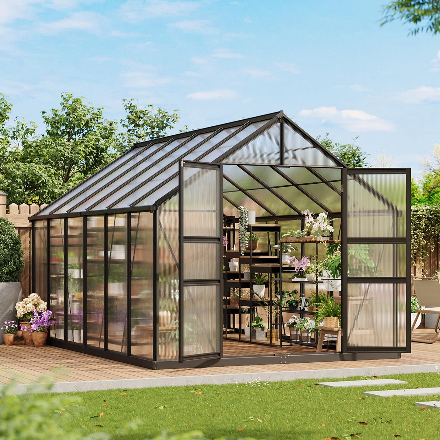 12x8 ft Outdoor Walk in Greenhouse,Polycarbonate Green House Vented Roof Window,Heavy Duty Greenhouse with Aluminum Frame for Backyard Patio Gardening