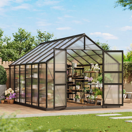 12x8 ft Outdoor Walk in Greenhouse,Polycarbonate Green House Vented Roof Window,Heavy Duty Greenhouse with Aluminum Frame for Backyard Patio Gardening