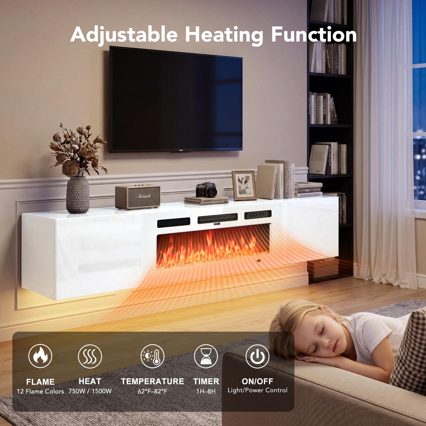 OneBlis 70" Floating TV Stand, Wall-Mounted Entertainment Center with 36" Electric Fireplace, Fits TVs Up to 80 Inches, Media Console with LED Lights for Living Room, White+White