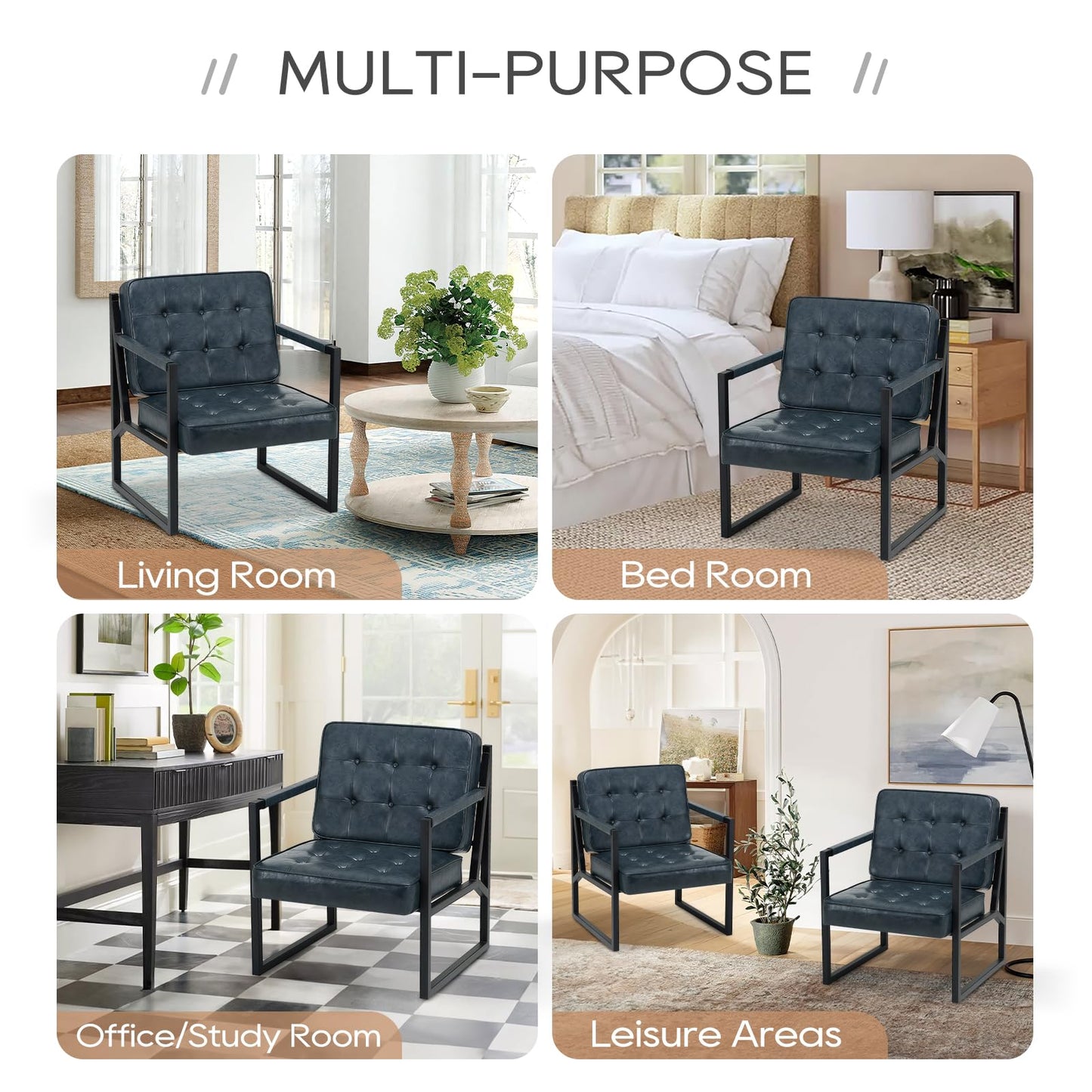 COLAMY Accent Chairs Set of 2, Modern Accent Arm Chairs for Living Room, Comfy Leather Armchairs with Metal Legs for Bedroom Reception Room, Blue