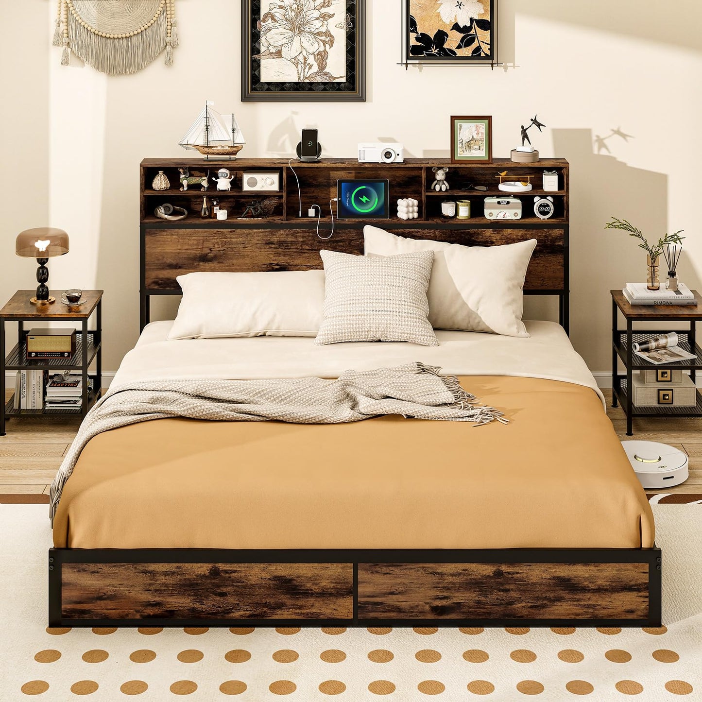 GOFLAME King Size Bed Frame with Storage Headboard, Metal Platform Bed Base with Charging Station & Under Bed Storage, Heavy-Duty Slatted Mattress Foundation, No Box Spring Needed, Rustic Brown