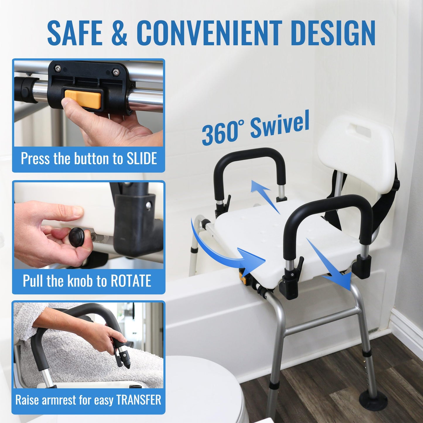 DMI 360 Max Comfort Swivel Shower Chair & Transfer Bench, Extra-Wide 360lb Capacity, Non-Slip & Padded Arms, Bonus Adjustable Back Scrubber