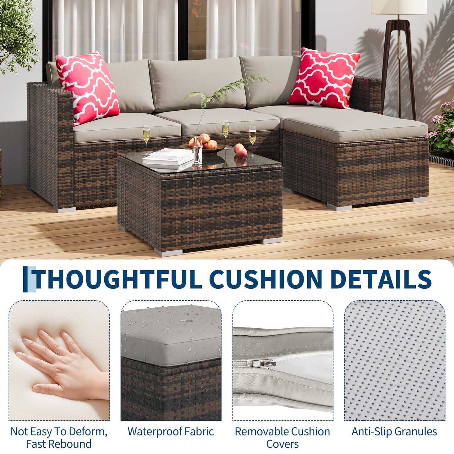 MilleLoom 5-Piece Outdoor Sectional Sofa Set, All-Weather PE Rattan Patio Furniture with Ottoman & Tempered Glass Table, Convertible Garden Couch for Backyard, Porch, Poolside (Brown/Light Gray)