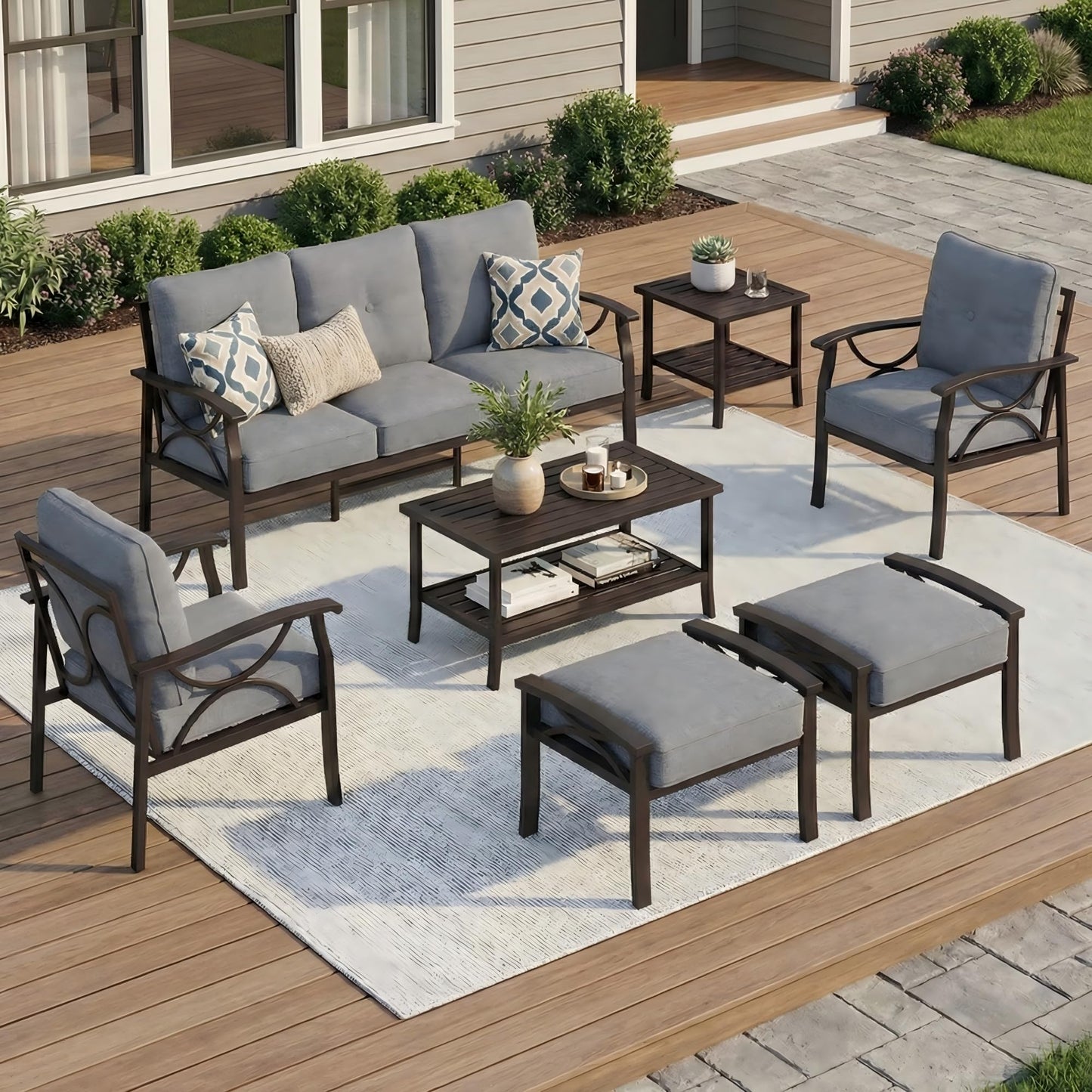 RoyalCraft 7-Pieces Outdoor Patio Furniture Set, Outdoor Metal Sectional Furniture with Cushions, Outdoor Conversation Seating Set with Coffee Table for Balcony, Backyard, Garden, Deck, Grey