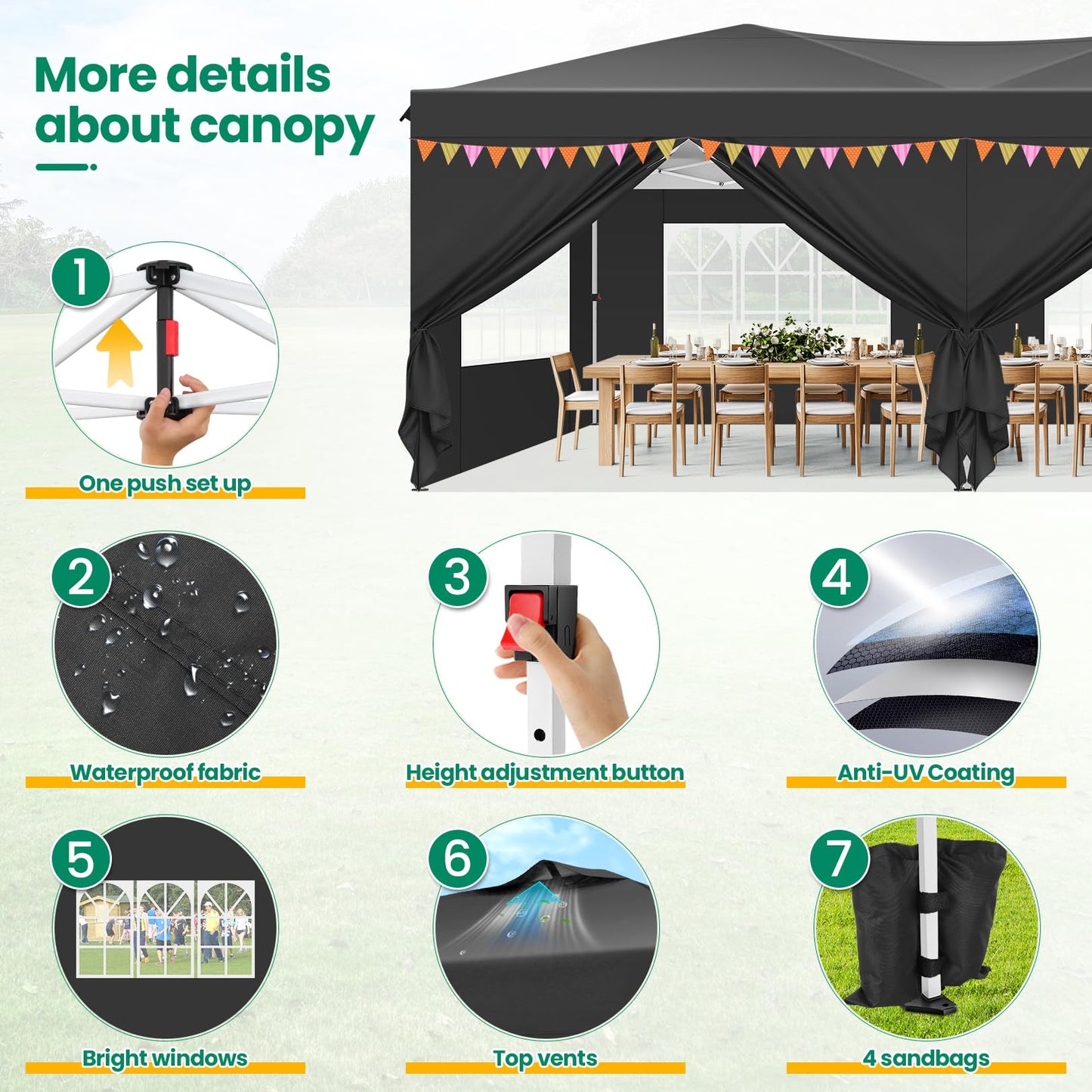 COBIZI Canopy 10x20 Pop Up Canopy Tent with 6 Sidewalls, One Push Party Tents for Parties Outdoor Wedding Waterproof Gazebo Commercial Event Tent with Sandbags, Black