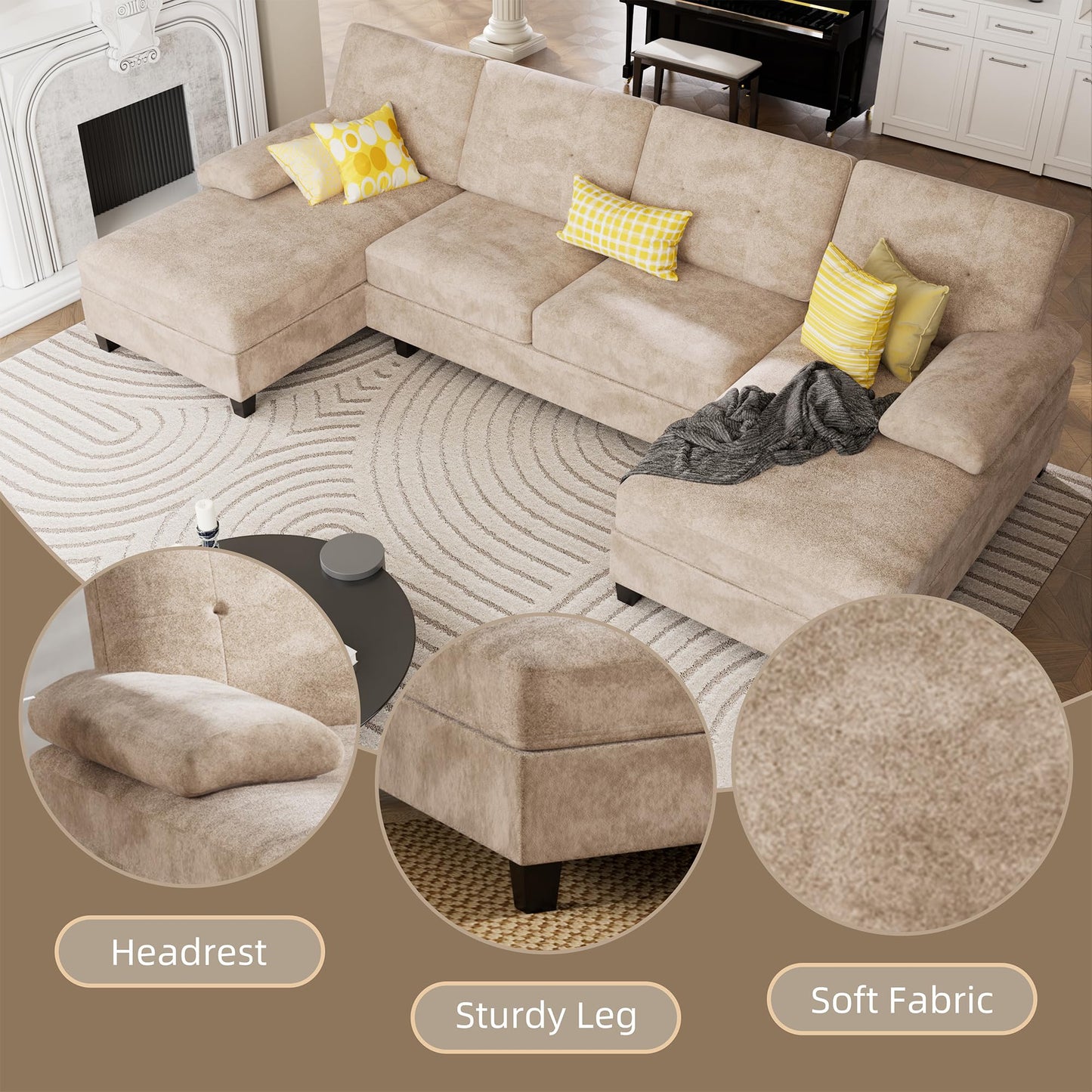 U-Shaped Sectional Couches for Living Room, 4 Seat Sofa with Double Chaise Lounges,Solid Wood Frame Sectional Sofa for Apartment,Beige