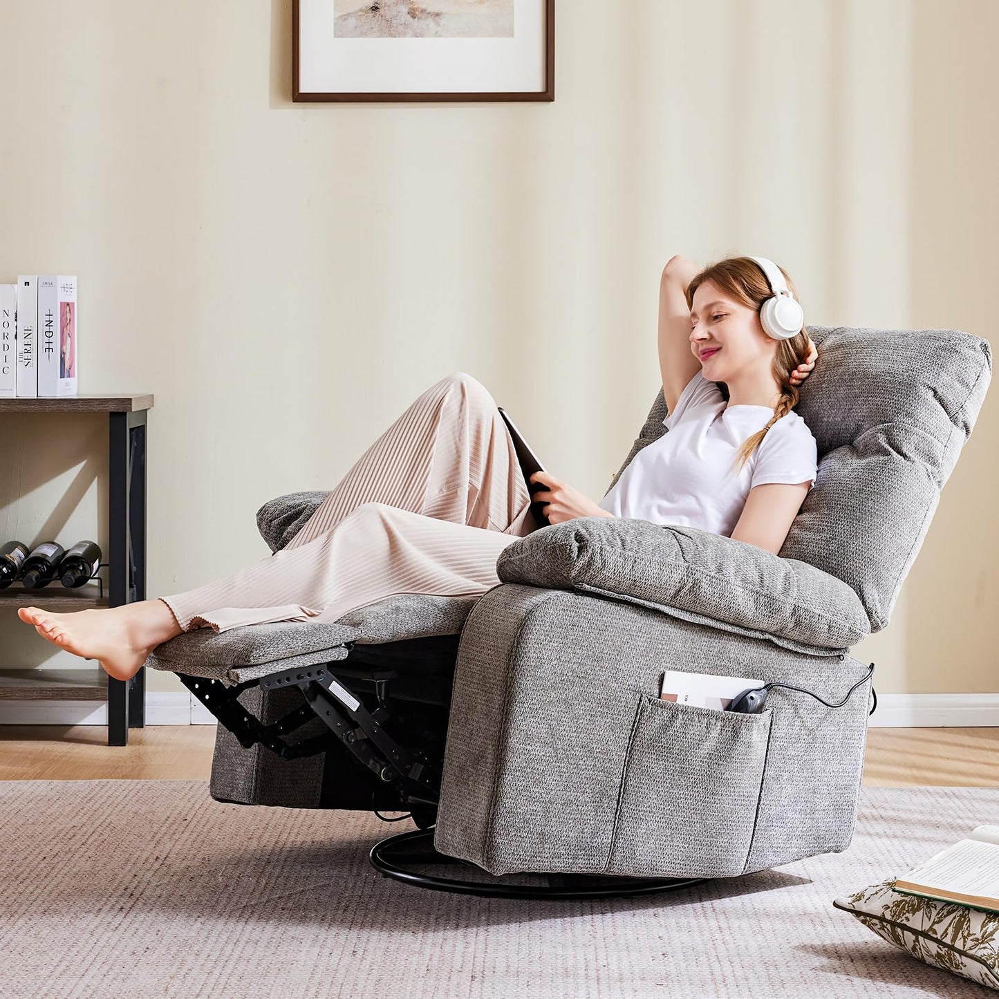 DUMOS Rocker Recliner Chair, Swivel Recliner with Vibration Massage & Lumbar Heating, 270° Rotating Chenille Fabric Recliner with footrest for Living Room & Bedroom, Grey