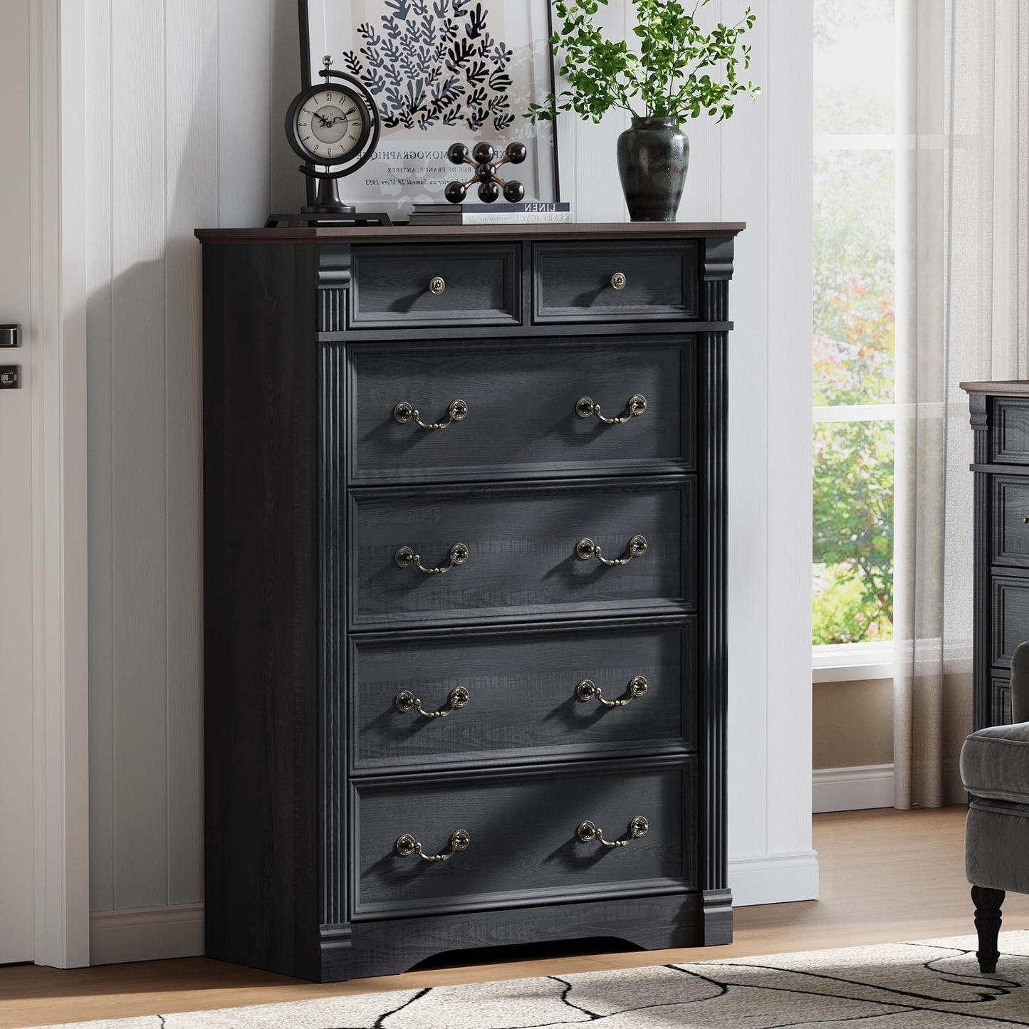 Black Dresser for Bedroom, 47" Tall Dresser for Bedroom, Wood Rustic Chest of Drawers with Chic Wood Pilasters, Farmhouse Dressers Organizer for Bedroom, Hallway