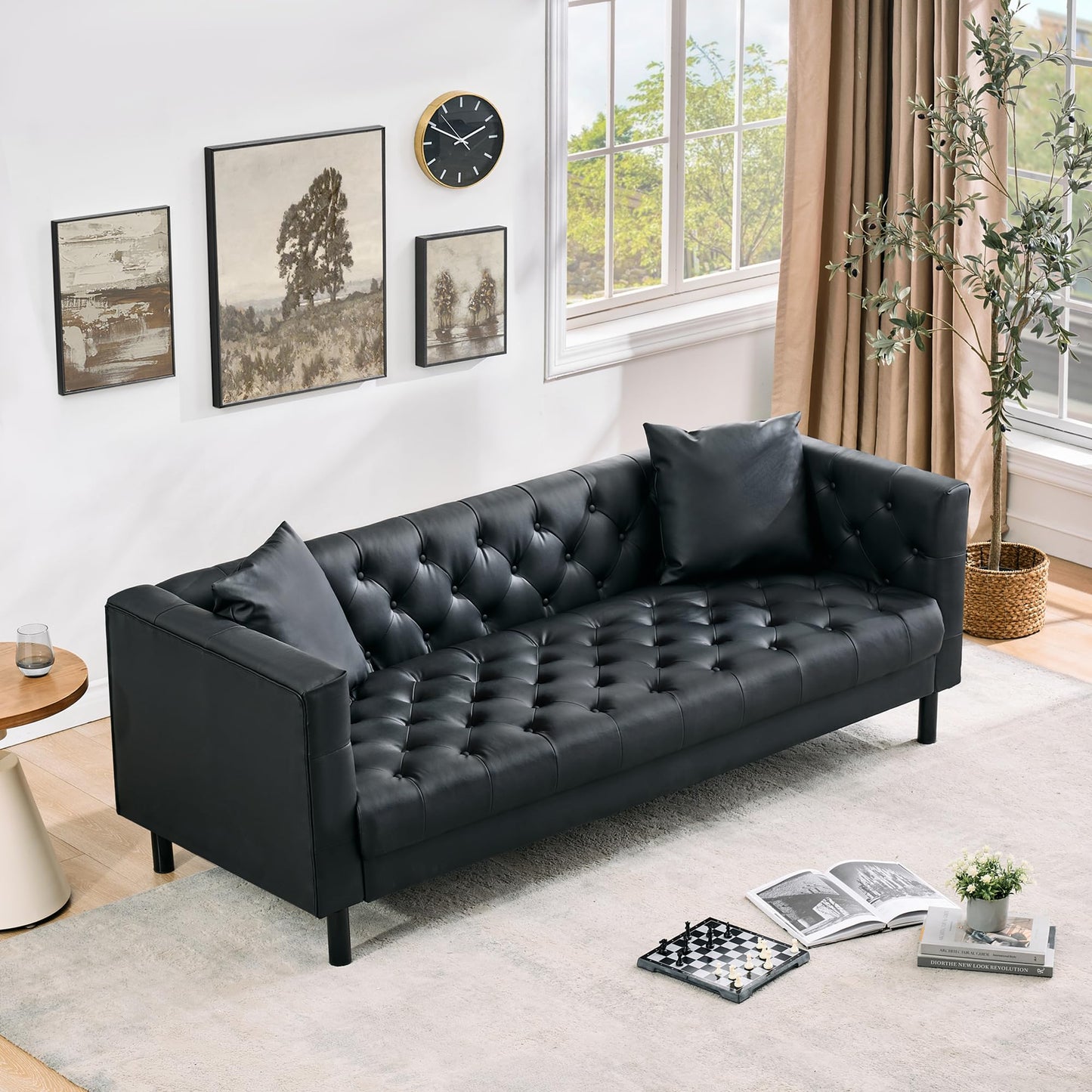 Garvee 81 Inch Leather Couch for Living Room, Modern Leather Sofa with Deep Seat, Handmade Button Tufted Sofa, Chesterfield 3 Seat Couch for Apartment, Office, Black