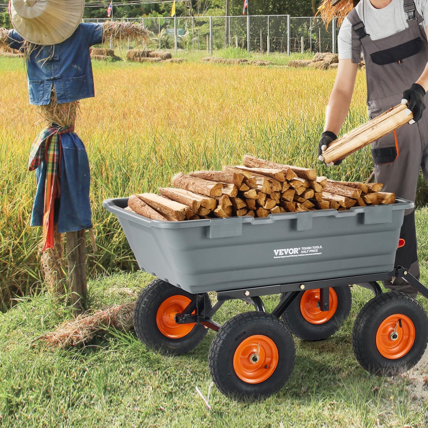 VEVOR 1200lbs 7Cu.Ft. Garden Dump Cart with 2-in-1 Convertible Handle and 13in All Terrain Wheels, Heavy Duty Poly Yard Dump Wagon Utility ATV Trailer Dump Cart Tow Behind for Lawn Mower Tractor