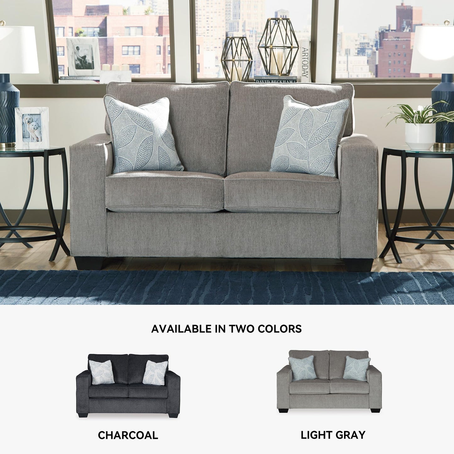 Signature Design by Ashley Altari Modern Loveseat with 2 Accent Pillows, Light Gray