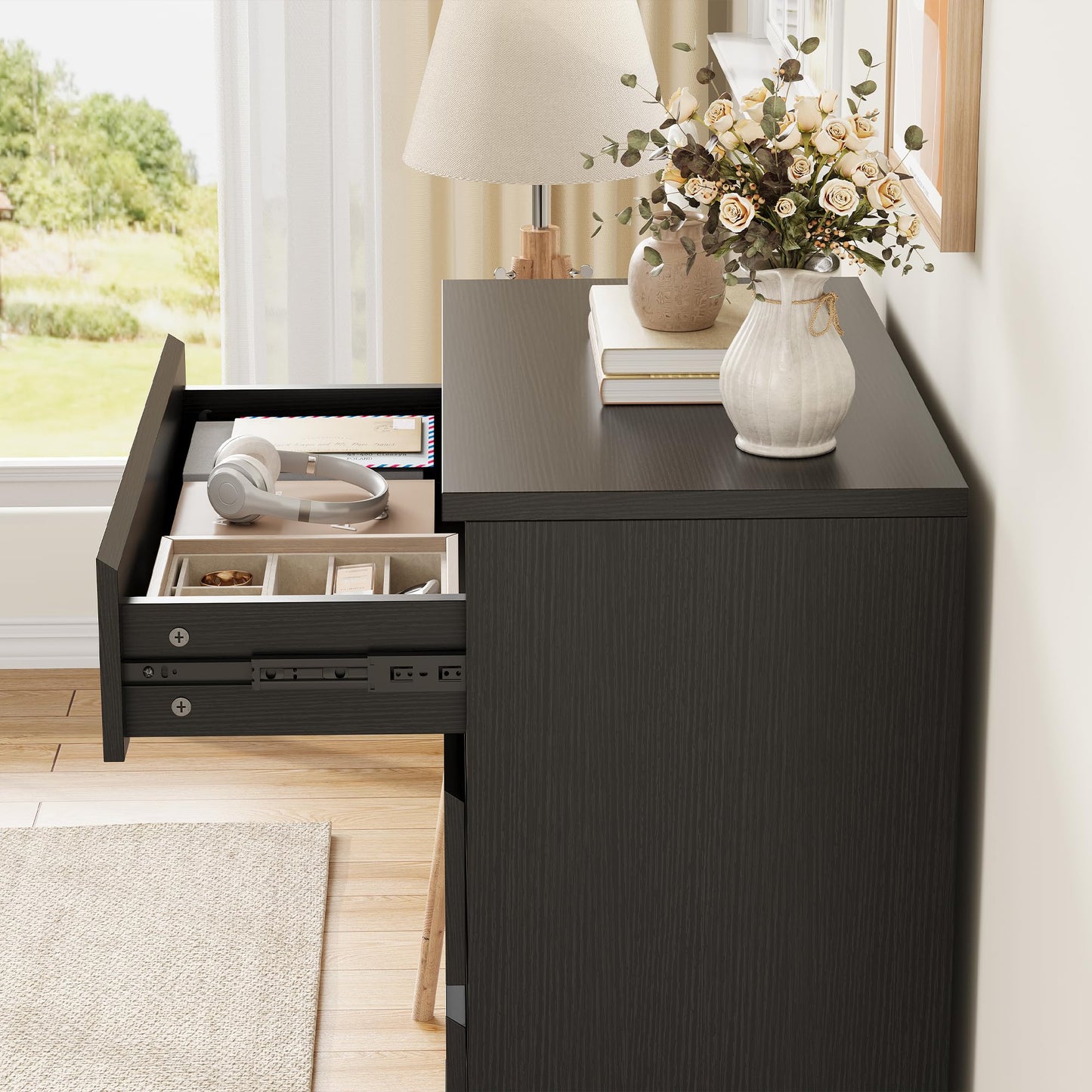 Jocoevol Modern Black 8 Drawer Dresser for Bedroom, 15.3" D x 55.2" W x 32.3" H Simply Chest of Drawers, Wood Storage Dresser with Deep Drawers for Living Room Hallway Entryway, Black