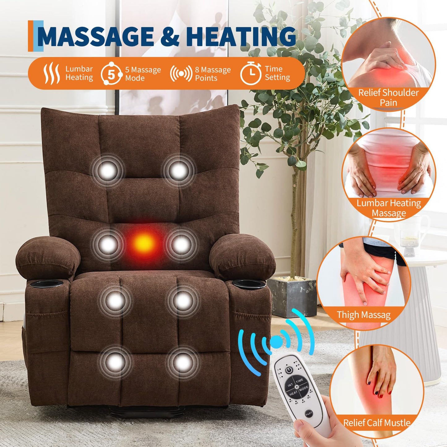 Power Lift Recliner Chair for Elderly - Electric Massage & Heat Recliner with 45° Assist Stand, Oversized Living Room Sofa with Soft Padded Upholstery, Side Pocket & Cup Holders for Living Room