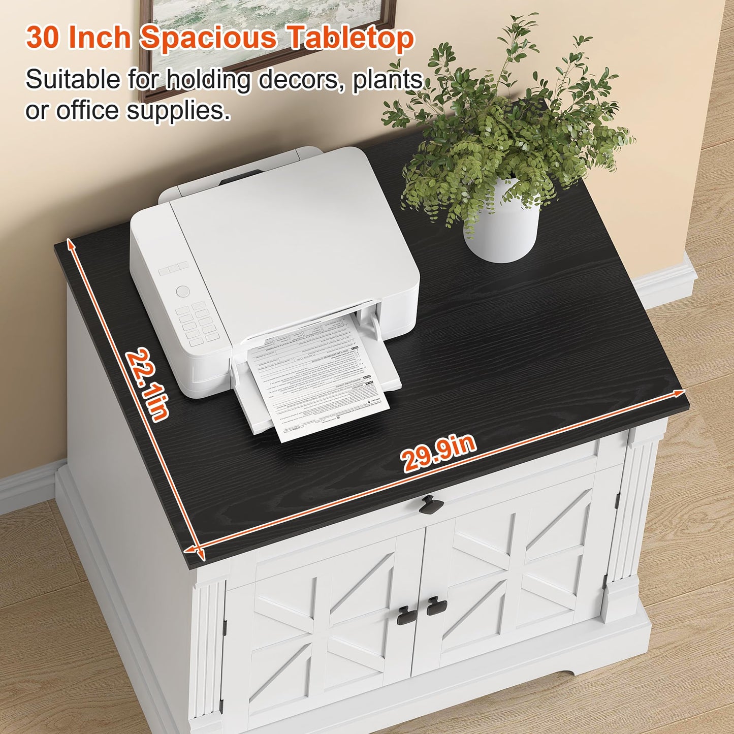 Bigbiglife 29.9" Large Printer Stand, Home Office Printer Cabinet with Drawer & Barn Doors, Wood Accent Cabinet Nightstand End Table for Living Room Bedroom, Black Top & White Finish