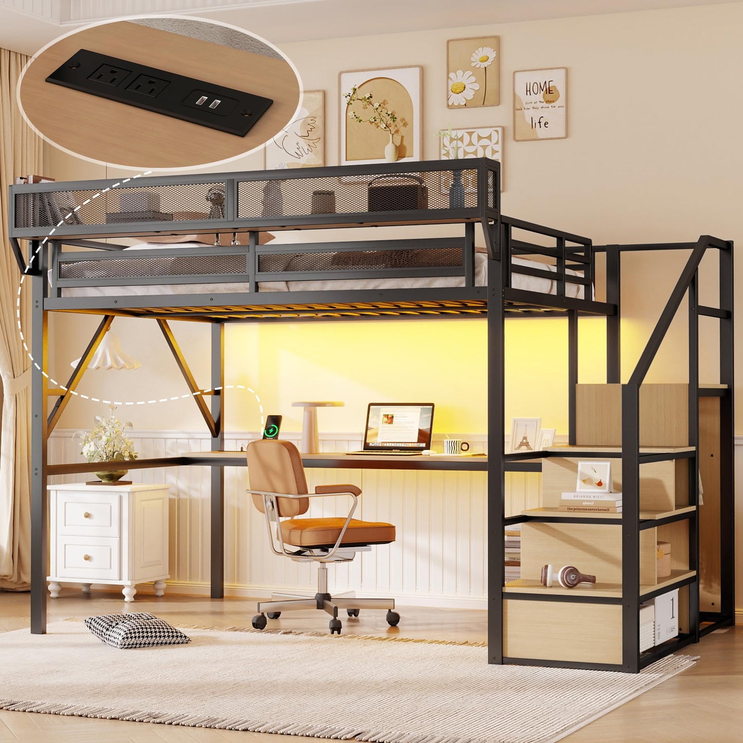 KEIKI Queen Size Metal Loft Bed Frame with Desk, Staircase, Built-in Storage Shelves and Wardrobe, Modern Loft Bed with Solid Slat, Guardrail, No Box Spring Required, Easy Assembly, for Bedroom, Black