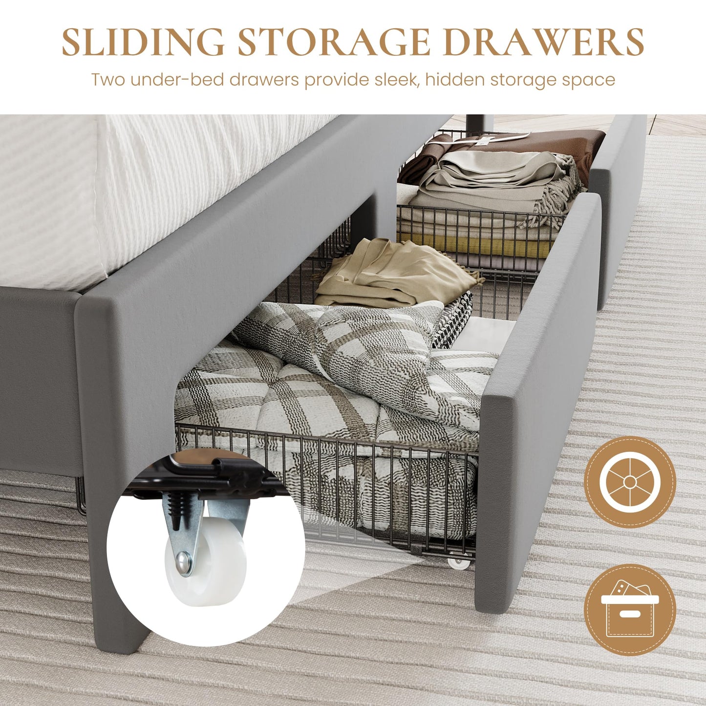 SHA CERLIN Velvet Queen Bed Frame with Vertical Channel Tufted Wingback Headboard & 2 Storage Drawers/2-Tier Shelves with LED Lights & Charging Station/Noise-Free/No Box Spring Needed/Light Grey