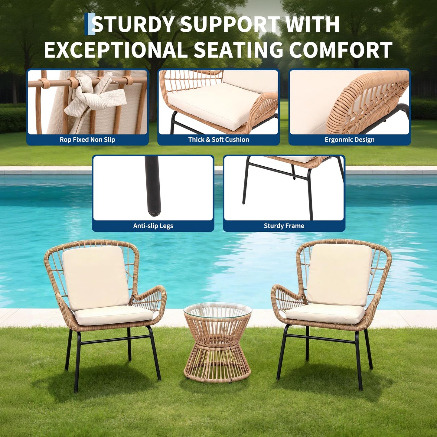 3 Piece Outdoor Rattan Patio Bistro Set with Glass Top Table and 2 Chairs, All Weather Patio Furniture for Backyard, Poolside, Porch, Balcony, Garden, Beige