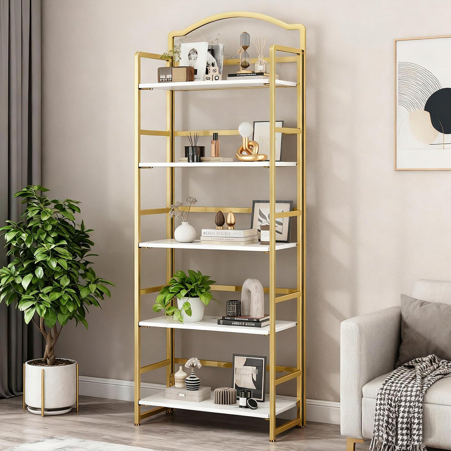 JSB 5 Tier No Assembly Folding Bookshelf, Arched Bookshelf, Foldable Bookcase for Living Room, Bedroom, Office,Skinny Bookshelf (White and Gold)
