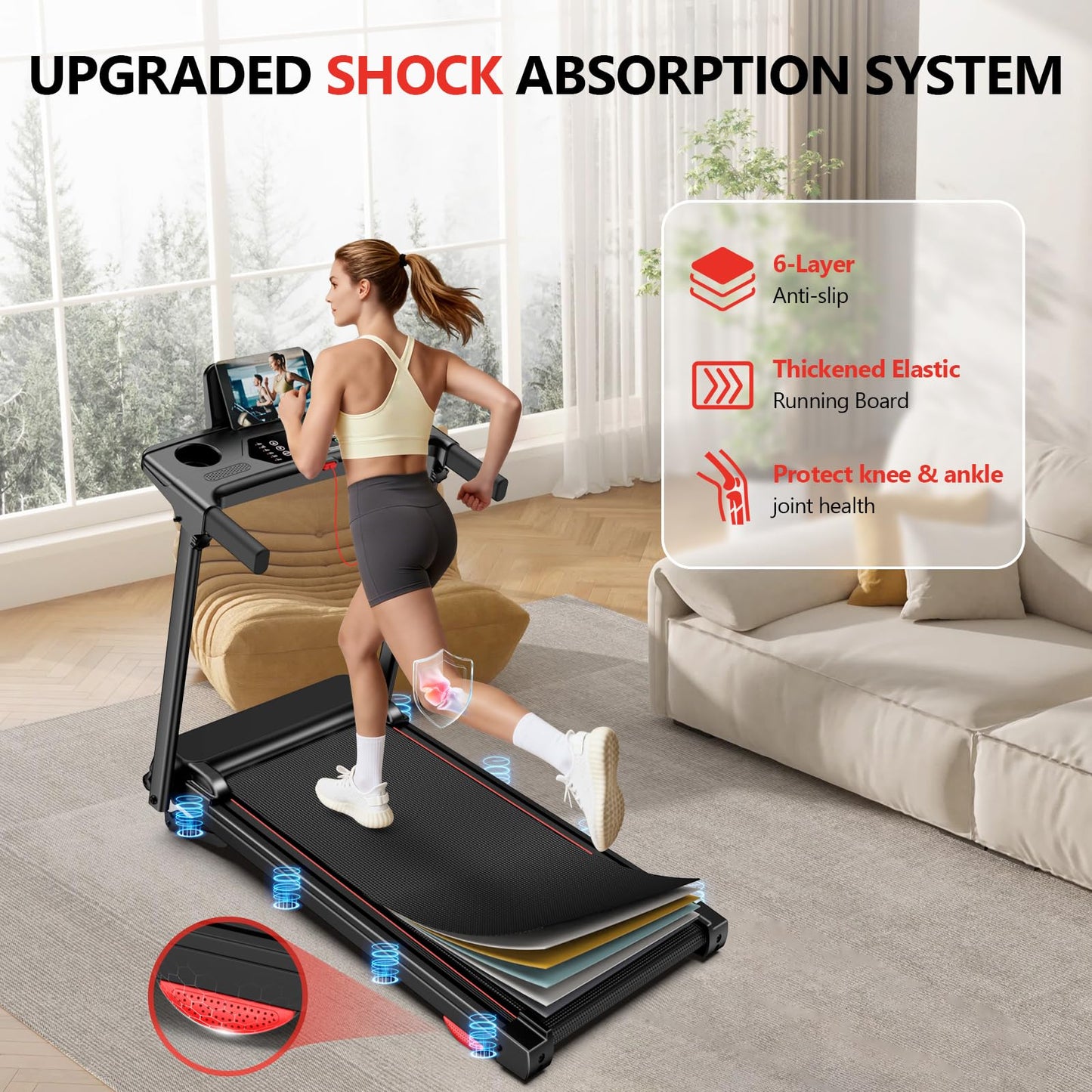 Treadmill with 0-15% Auto Incline, 0.6-7.5MPH Foldable Walking Pad Treadmill with Handle Bar for Home Small, 3.0HP Low Noise Portable Walking Running Machine for Small Space, 350LBS Capacity Black