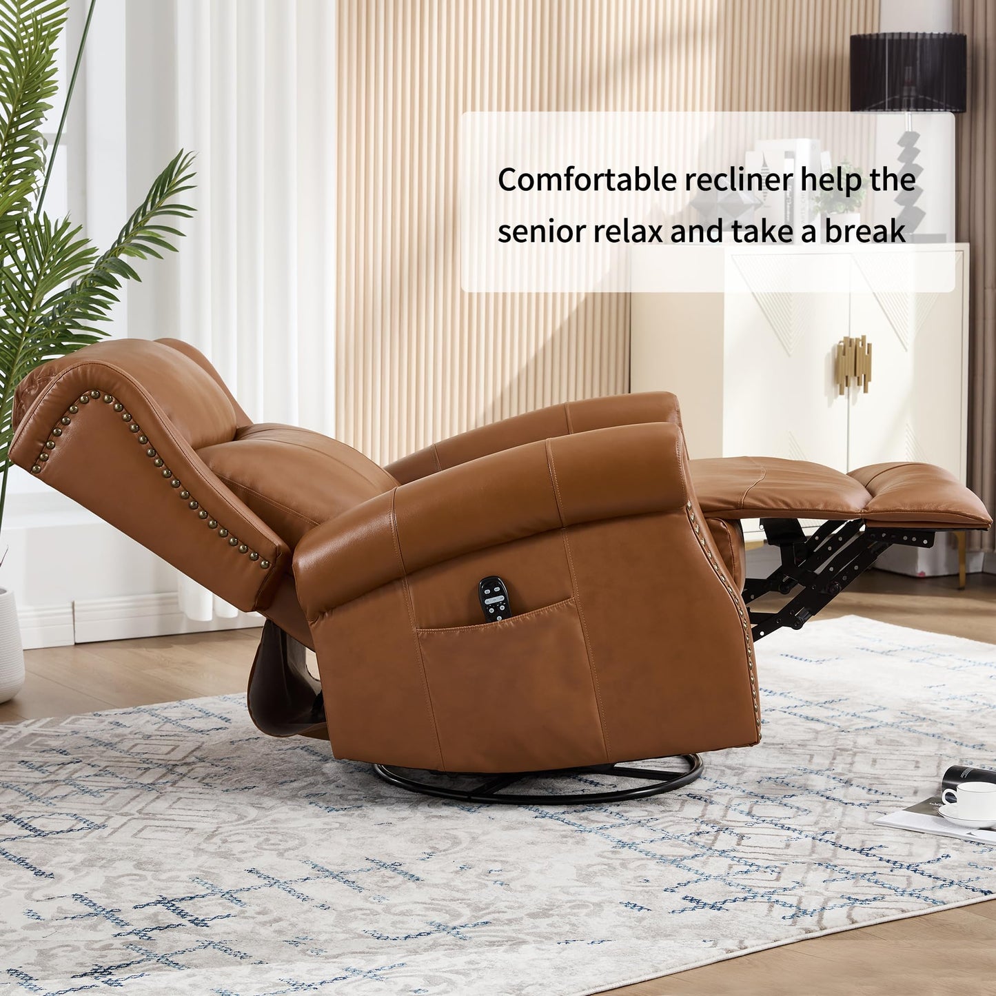 KEIKI Heat Massage Recliner Chair with Rocker & 360° Swivel, Manual Handle Reclining Lounge Chair with Lumbar Heat, Vibration Massage & Cushion Back for Living Room, Dark Yellow