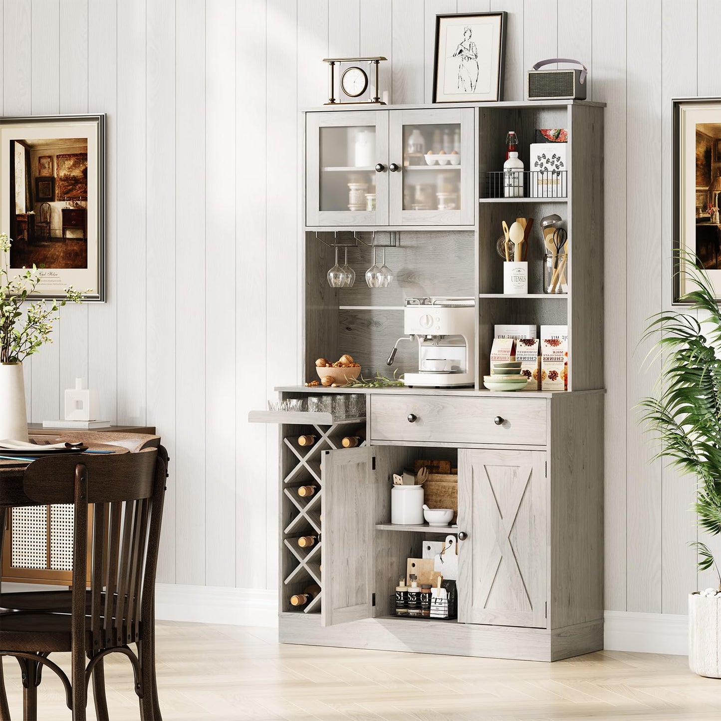 Hetoy 72" Tall Kitchen Pantry Cabinet with Power Outlet – Barn Doors, Wine Bottle Rack & Ample Storage – Modern Sideboard Buffet for Dining Room, Kitchen, or Home Bar