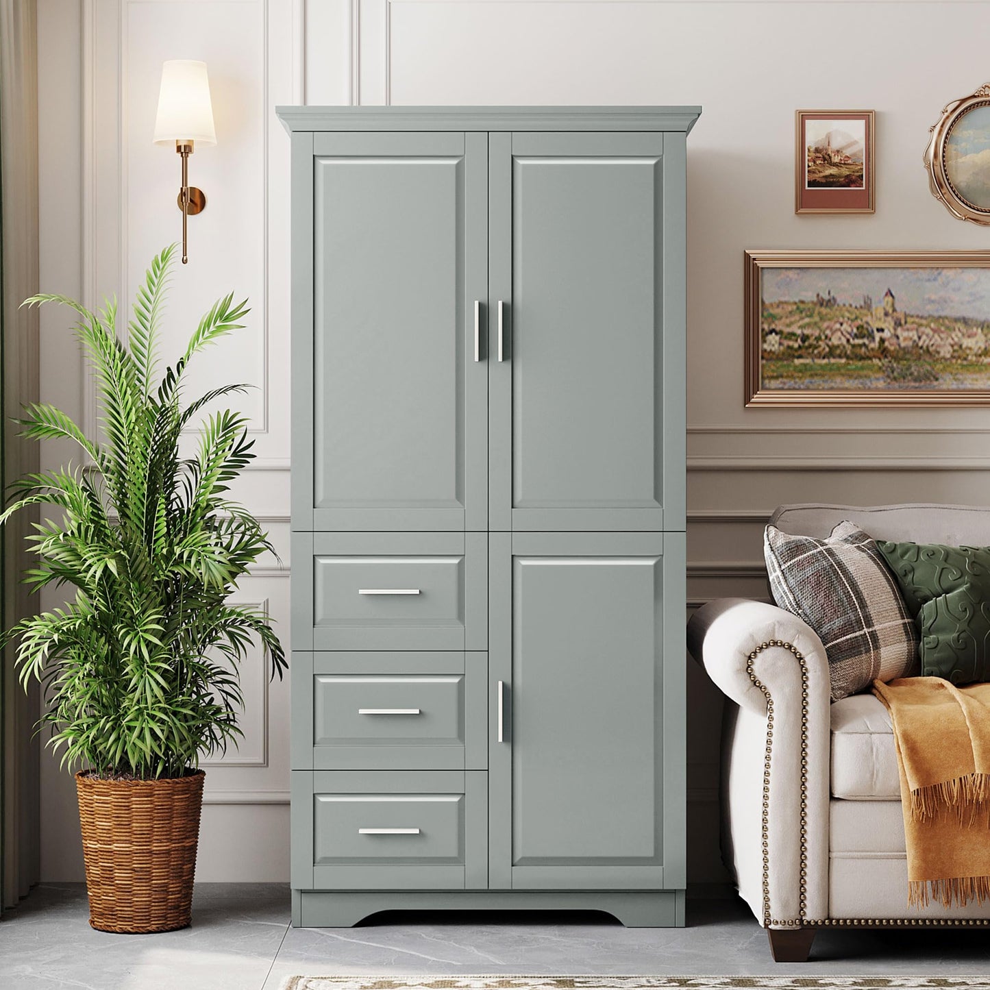 Storage Cabinet with Three Drawers and Doors, Wide Pantry Cupboard for Kitchen, Living Room and Bathroom, Adjustable Shelf, Grey