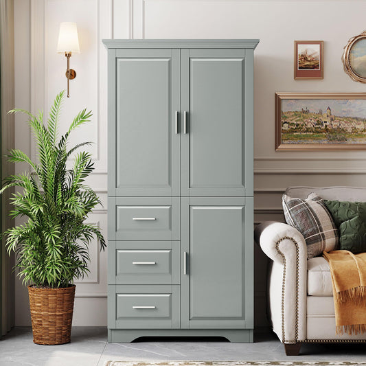 Storage Cabinet with Three Drawers and Doors, Wide Pantry Cupboard for Kitchen, Living Room and Bathroom, Adjustable Shelf, Grey
