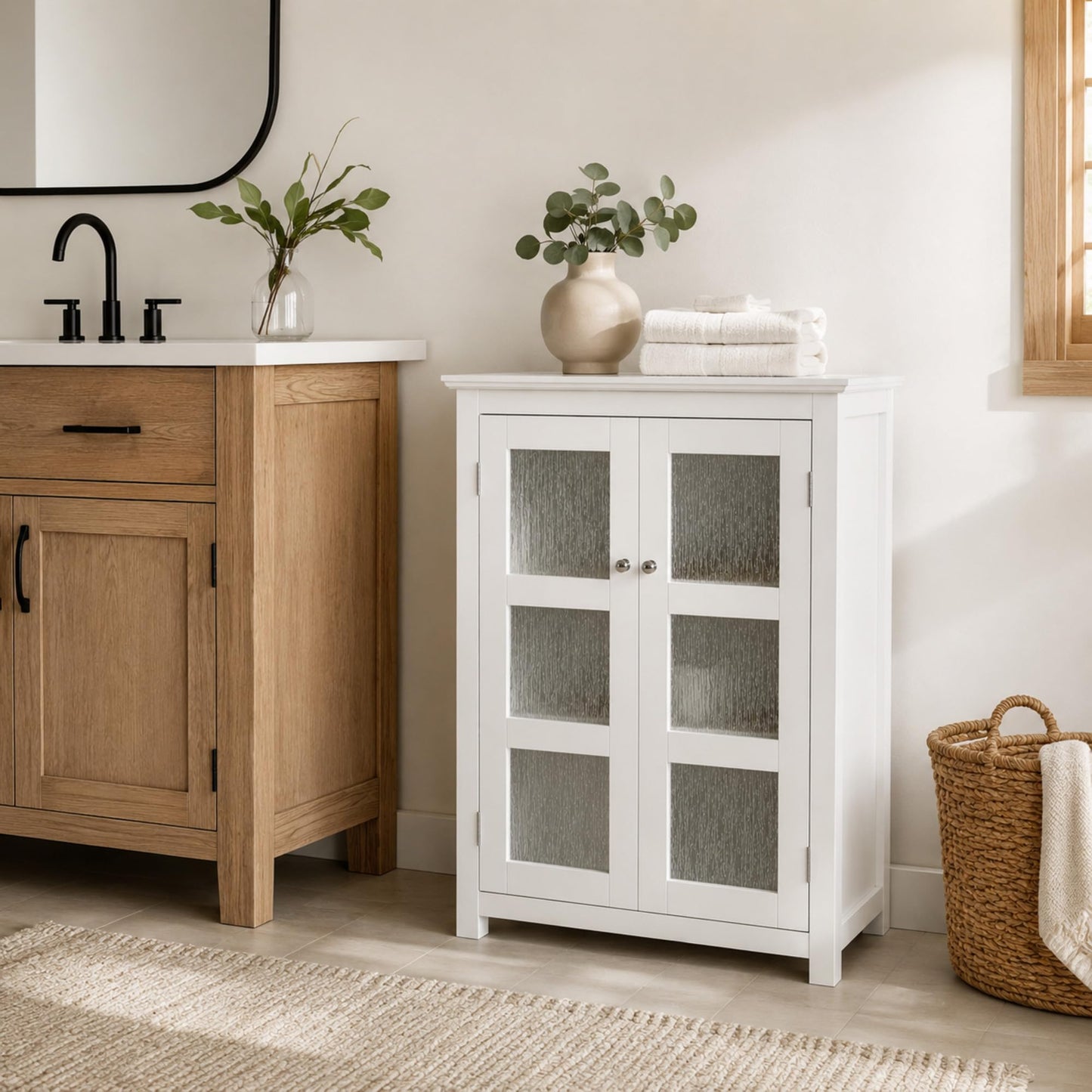 Teamson Home Conner Freestanding Two-Door Floor Storage Cabinet with 2 Adjustable Shelves, White