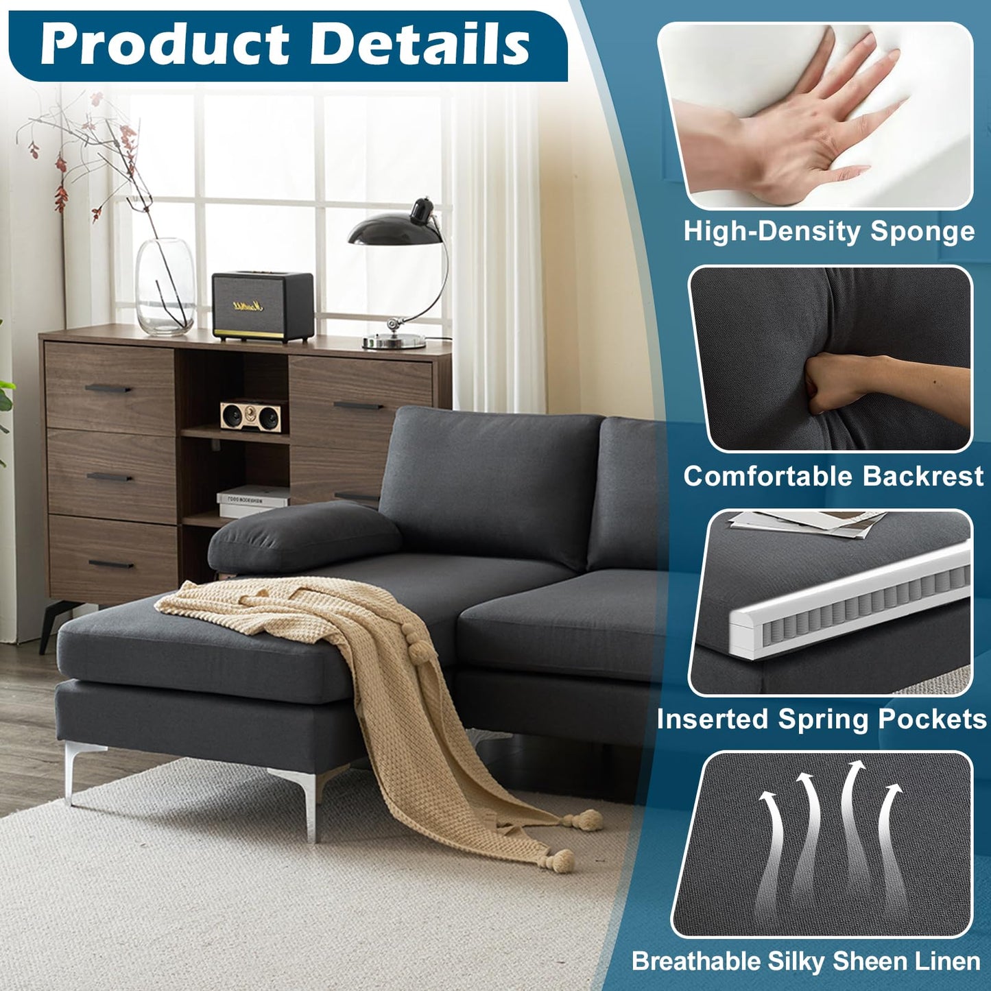 VINGLI 110" Modern Sectional Couch with 51" D Double Chaise, Dark Grey Deep Seat U Shaped Couch with Removable Pillows & Metal Legs, Comfy 4-Seat Sofas for Living Room, Linen Fabric