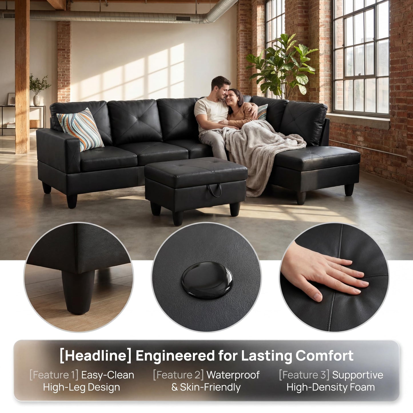 Topcomfy Leather L Shaped Sectional Couches for Living Room - 97.5“ x 66.5" Modular Sectional Sofa with Storage Ottoman, 4 Seat Home Sofa Living Room Furniture Sets with Chaise for Apartment, Black