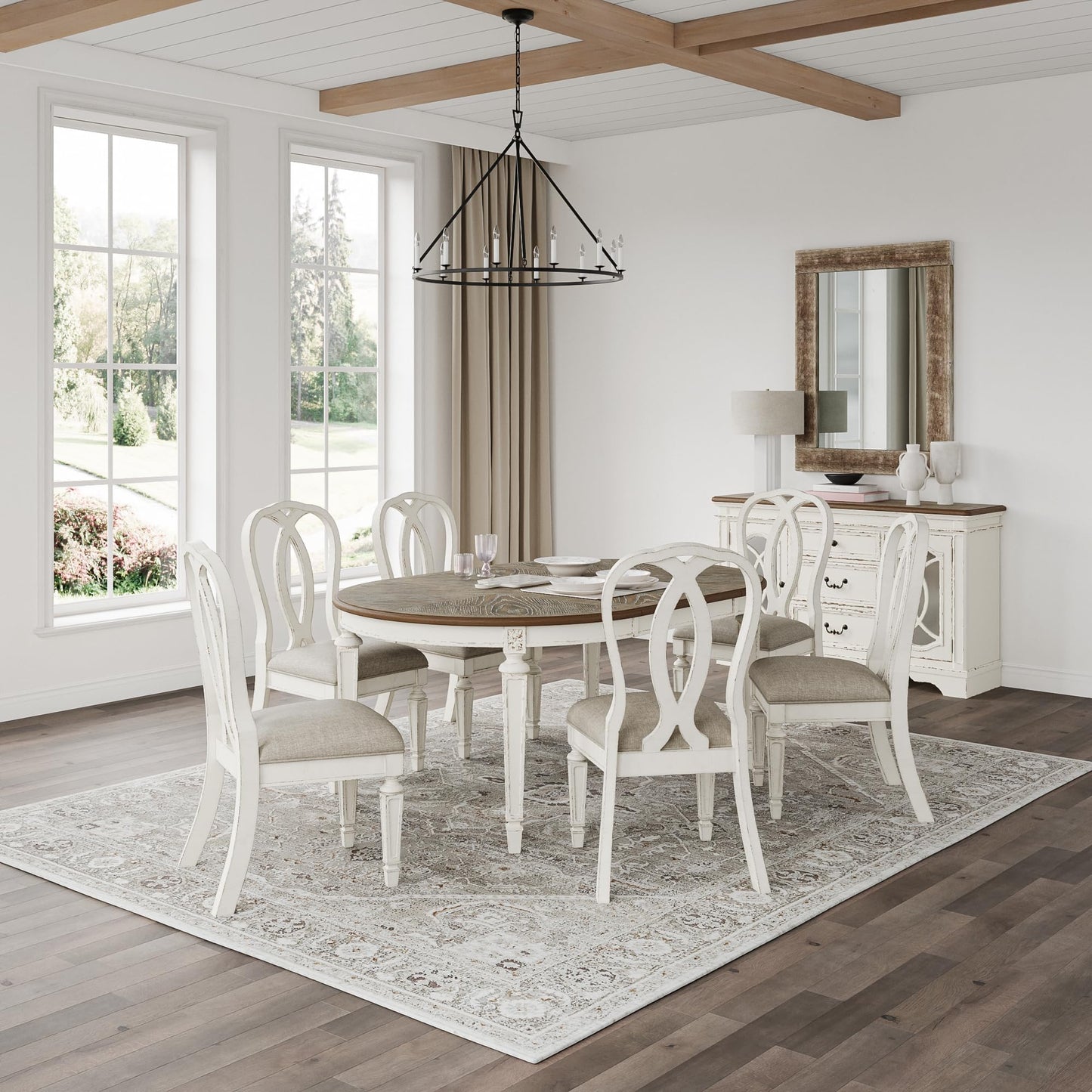 Signature Design by Ashley Realyn Oval Dining Room Extension Table, Seats 6, Antiqued 2-tone Finish, Wood, Distressed White