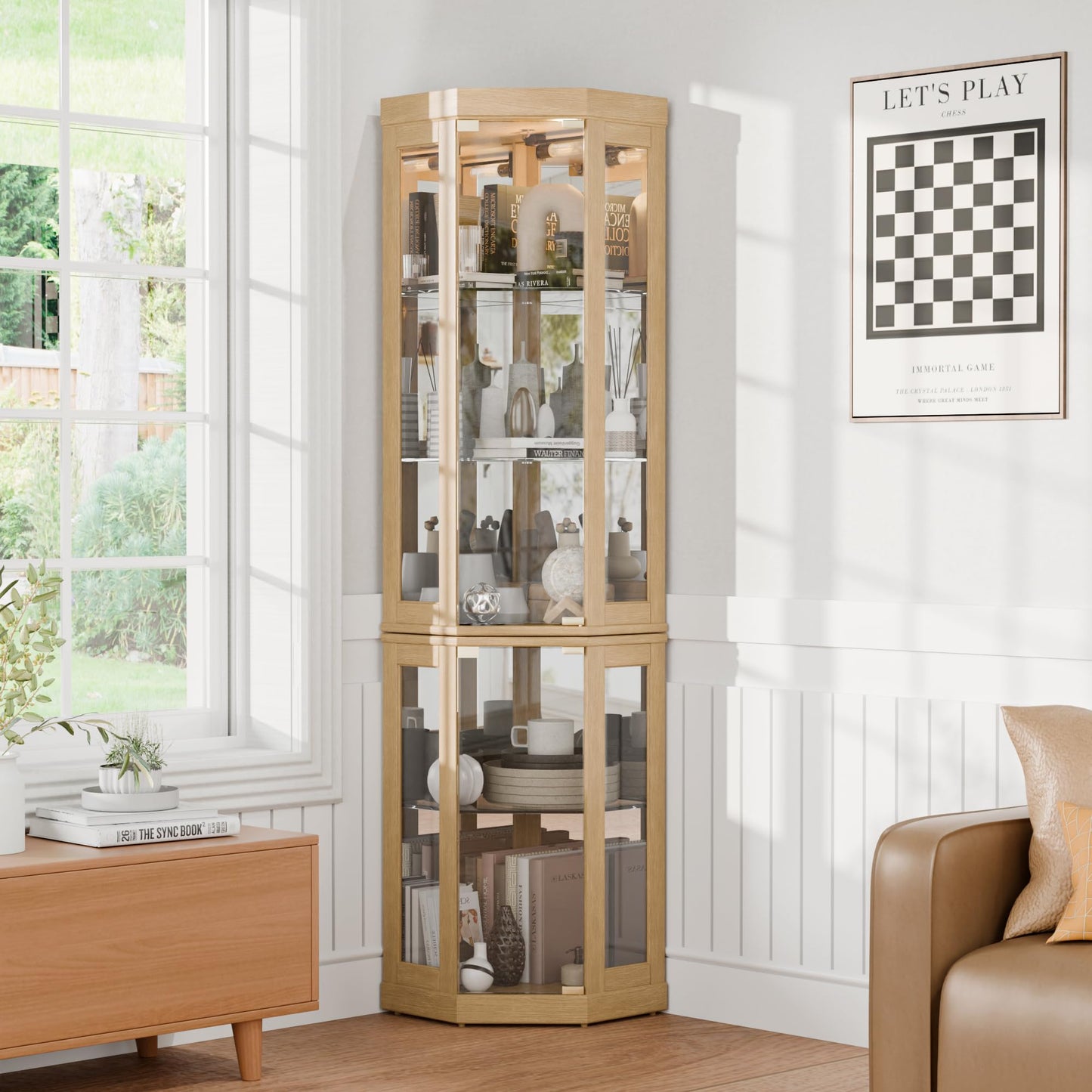 Trygoal 70" H Lighted Glass Display Cabinet, 3-Side Corner Curio Cabinet with Tempered Glass Doors, Elegant China Cabinet Dis, Accent Cabinet with Adjustable Shelves for Living Room, Light Oak