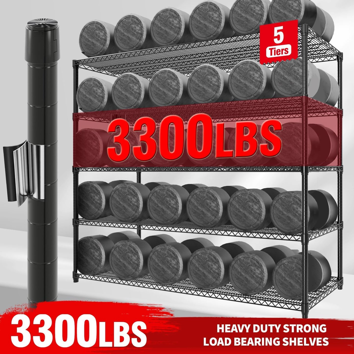 GarveeTech 5-Tier Wire Storage Shelves with Wheels, 3300LBS Heavy Duty Metal Shelving Unit with Adjustable Storage Shelves for Home, Pantry & Warehouse, Easy Assembly, 82.6" H x 59W x 23.6" D