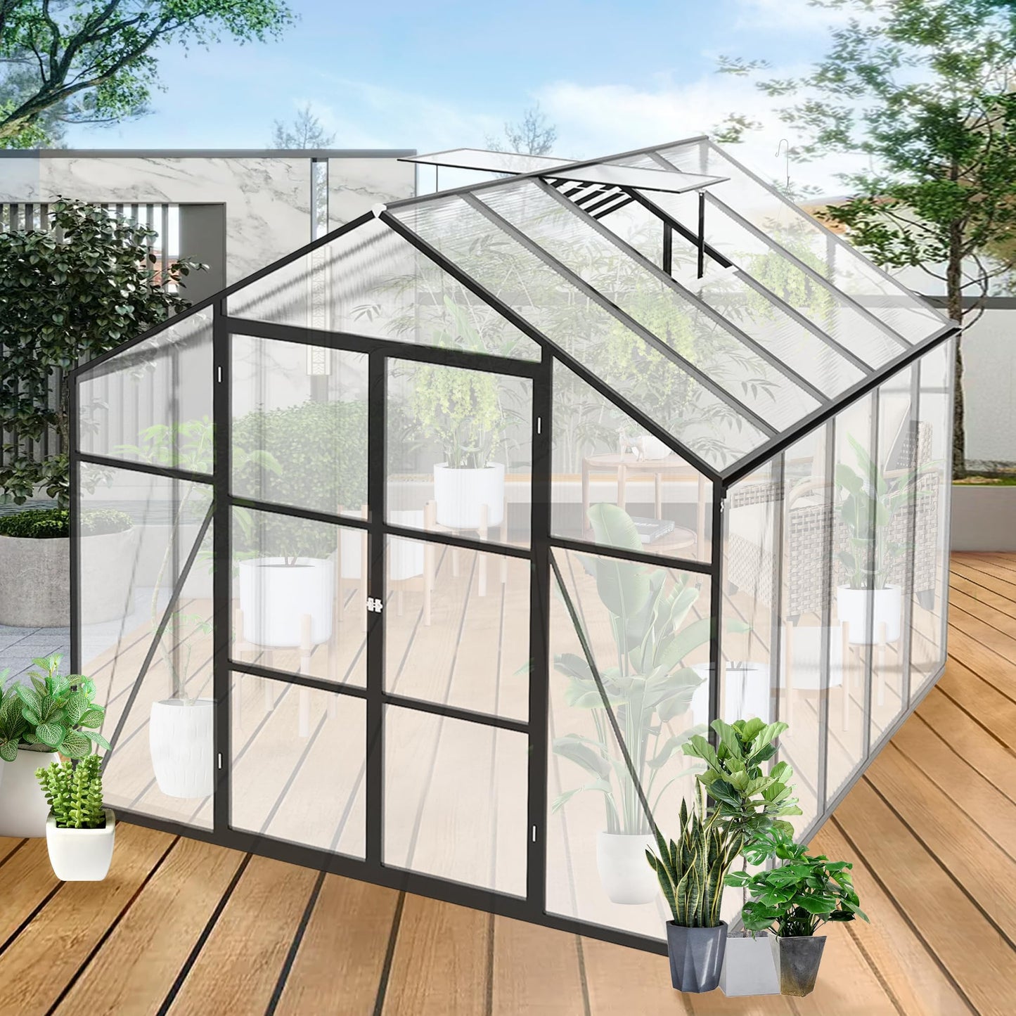 YOPTO 8x10 FT Greenhouses for Outdoor,Heavy Duty Polycarbonate Greenhouse,Large Walk-in Garden Green House with Raised Base,Double Doors and Two Ventilation Windows for Outside, Backyard,Black