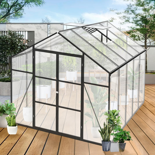 YOPTO 8x10 FT Greenhouses for Outdoor,Heavy Duty Polycarbonate Greenhouse,Large Walk-in Garden Green House with Raised Base,Double Doors and Two Ventilation Windows for Outside, Backyard,Black