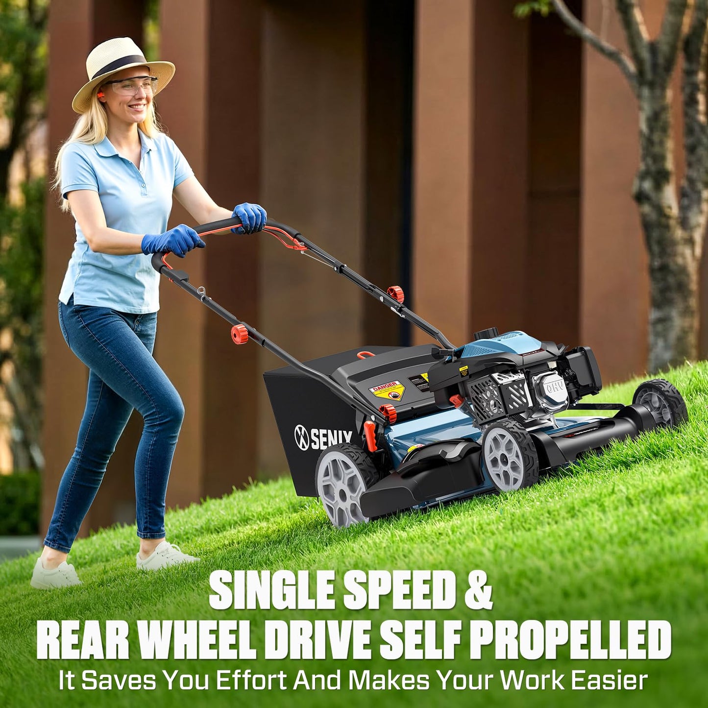 SENIX 201cc 22" 3-in-1 Gas Lawn Mower, Single Speed Rear Wheel Self-Propelled Mower, Mulching, Bagging, Discharging, 6 Cutting Height Adjustable, for Garden Yard