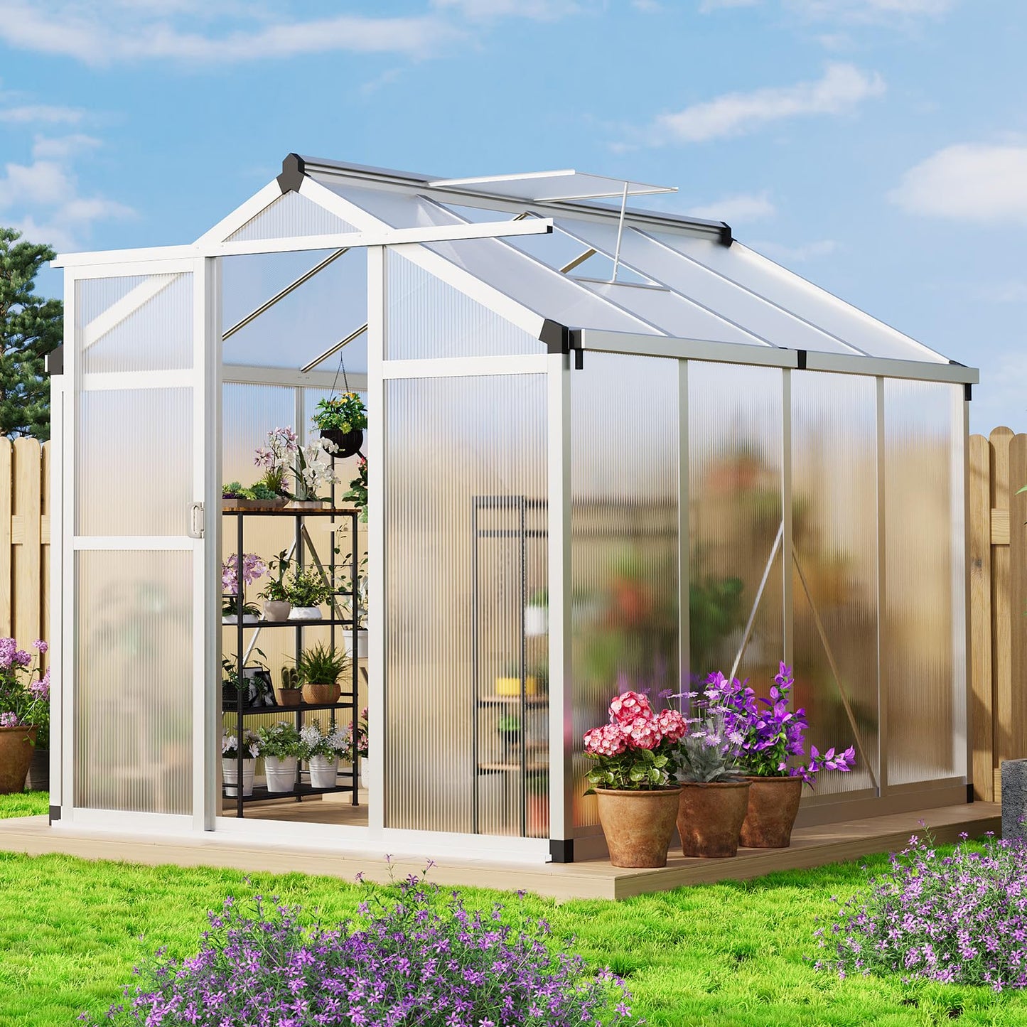 Greenhouse, Aluminum Frame & Polycarbonate Panel Greenhouse for Outdoors, Green House with Adjustable Roof Vent & Lockable Door, Durable Walk-in Green Houses for Backyard, Patio, Lawn