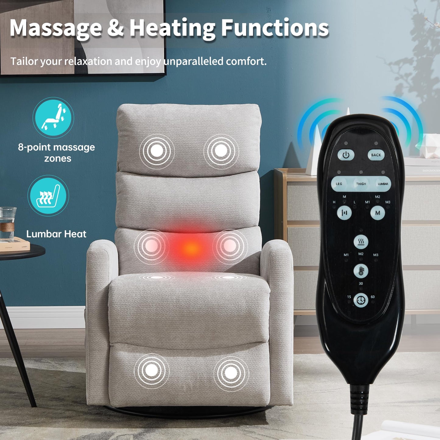 GDFStudio Heat Massage Manual Recliner Chair with Rocking and 360° Swivel, Chenille Fabric Recliner Chair with Lumbar Heat, 8-Point Vibration Massage, 155° Reclining Chair for Living Room, Grey