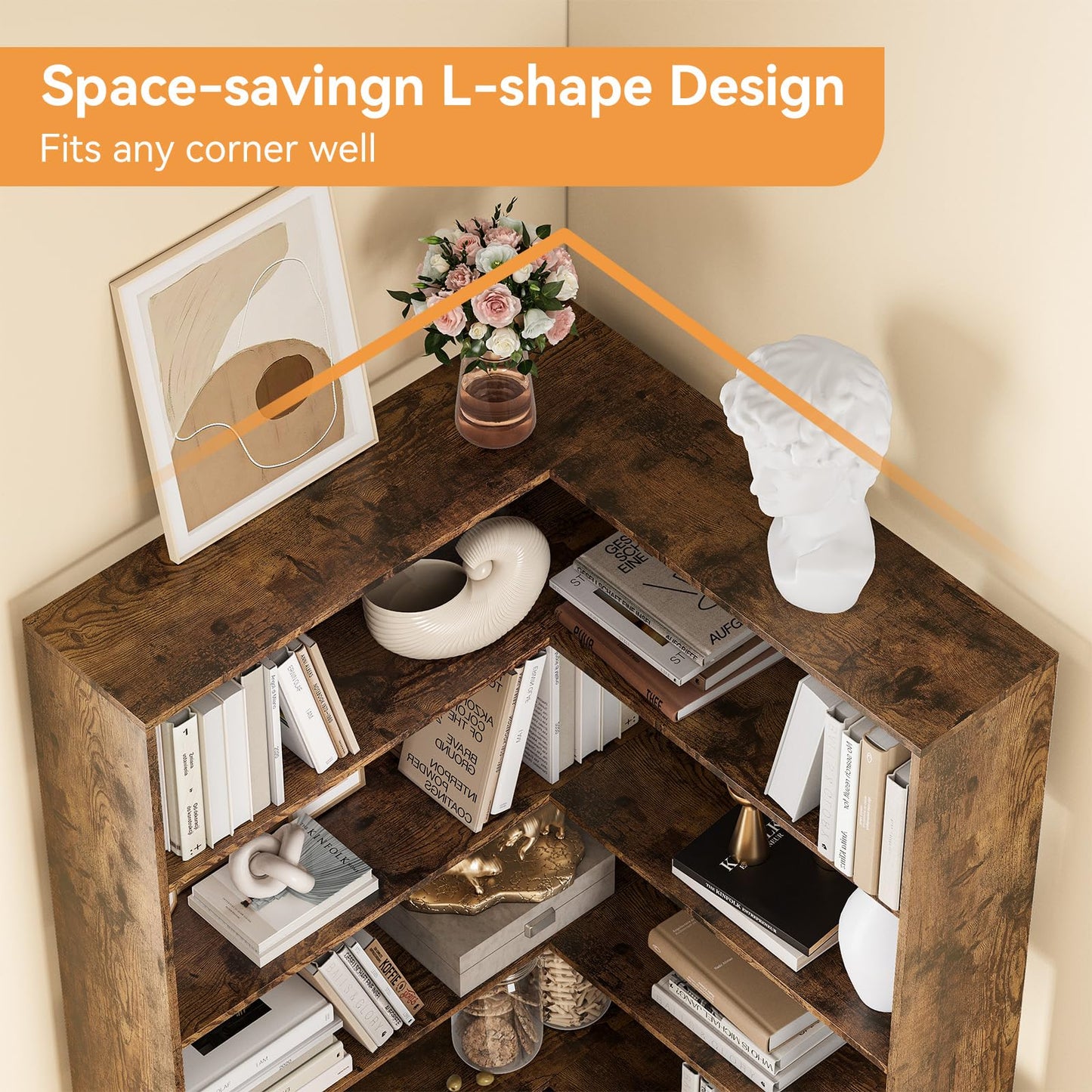 IDEALHOUSE Corner Bookshelf, 6 Tiers Corner Bookcases with Baffles, Corner Shelf L Shaped Bookshelf Storage Display Rack Living Room Bedroom