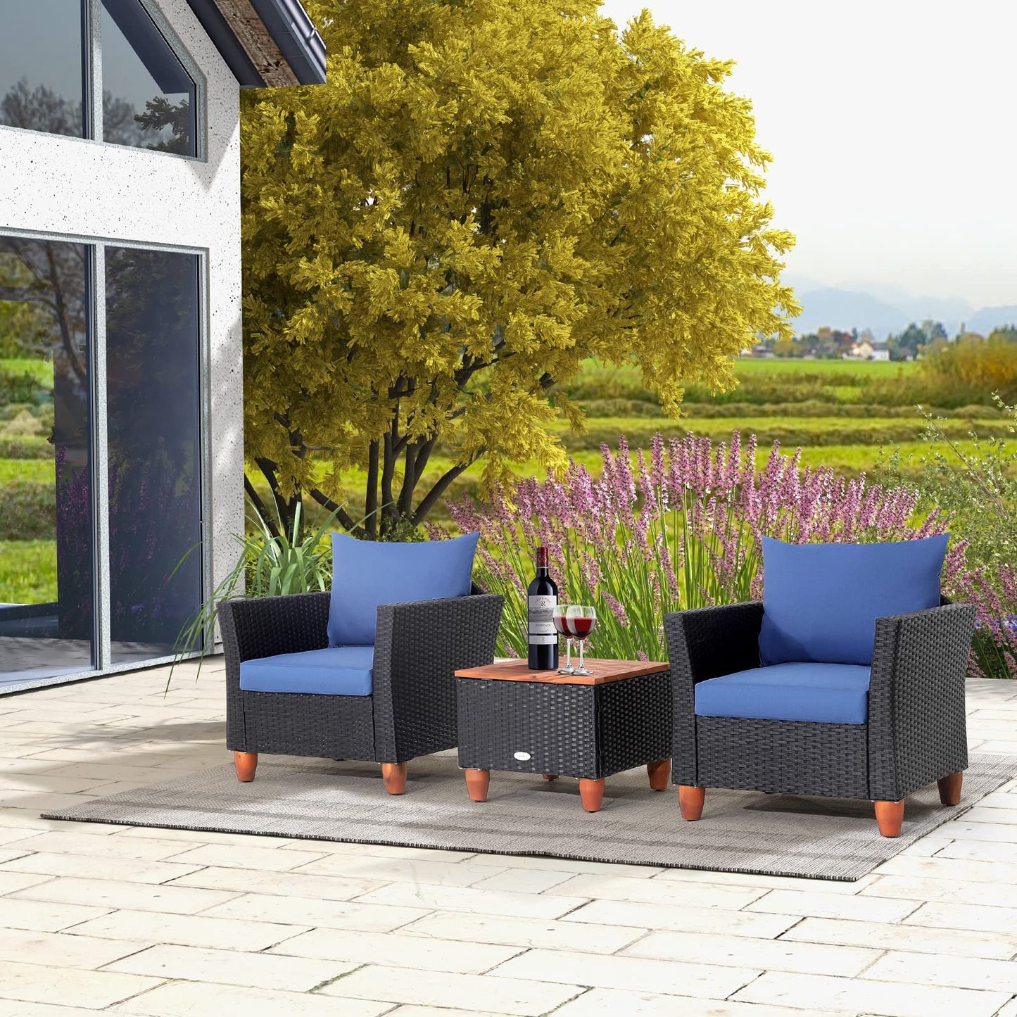Tangkula 3 Piece Patio Furniture Set, Patiojoy Outdoor Wicker Rattan Bistro Sofa Set w/Washable Cushion, Acacia Wood Top Coffee Table, Conversation Set for Balcony Backyard Porch (Blue)