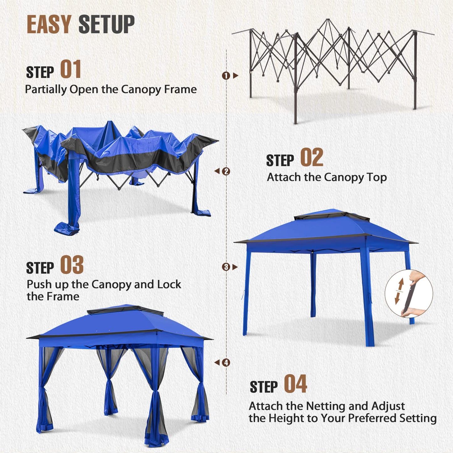 INTER HUT 11x11 Pop Up Gazebo Tent with Mesh Netting, Instant Outdoor Canopy with UPF 50+ UV Protection, Water Resistant, Blue