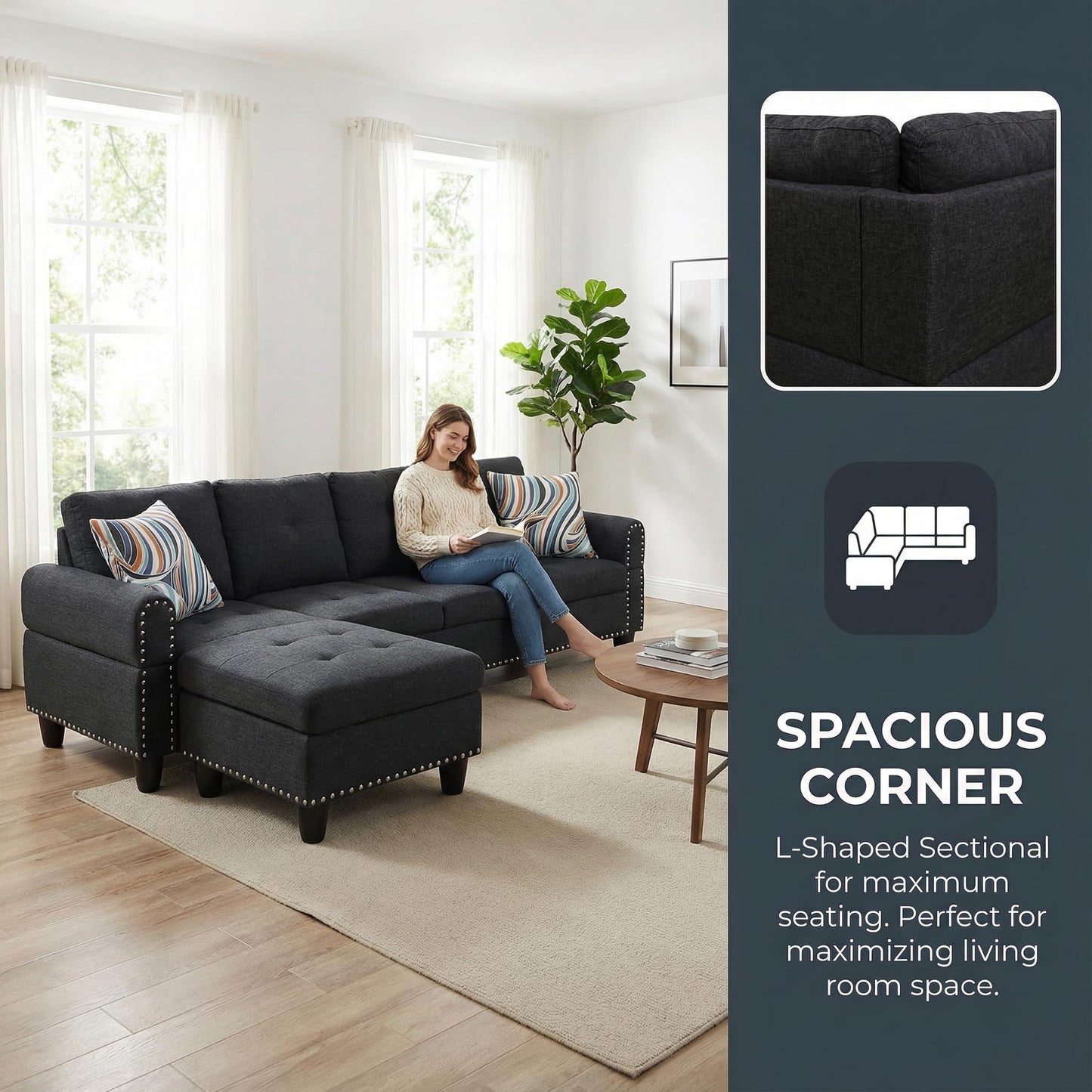 Trygoal 97" Linen 4-Seat L-Shaped Sectional Sofa with Movable Chaise & Storage Ottoman - 3-Piece Modular Convertible Couch for Living Room, Bedroom, Apartment & Office, Black Grey