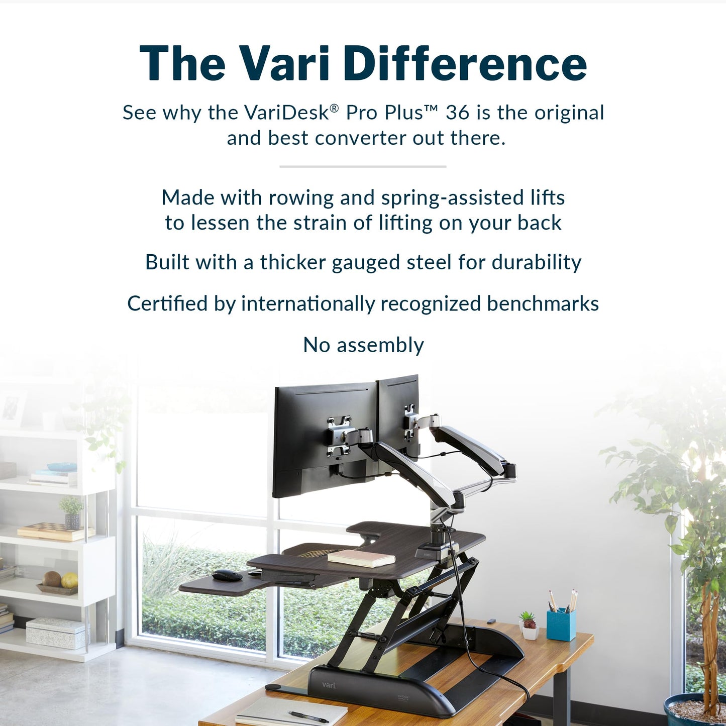 Vari Varidesk Pro Plus 36 Standing Desk Converter for Home Office – 11 Height Settings + Spring-Loader Lift, 2 Tier Design with Keyboard Tray, Fits Tables 26.5" Deep – Fully Assembled (Espresso)