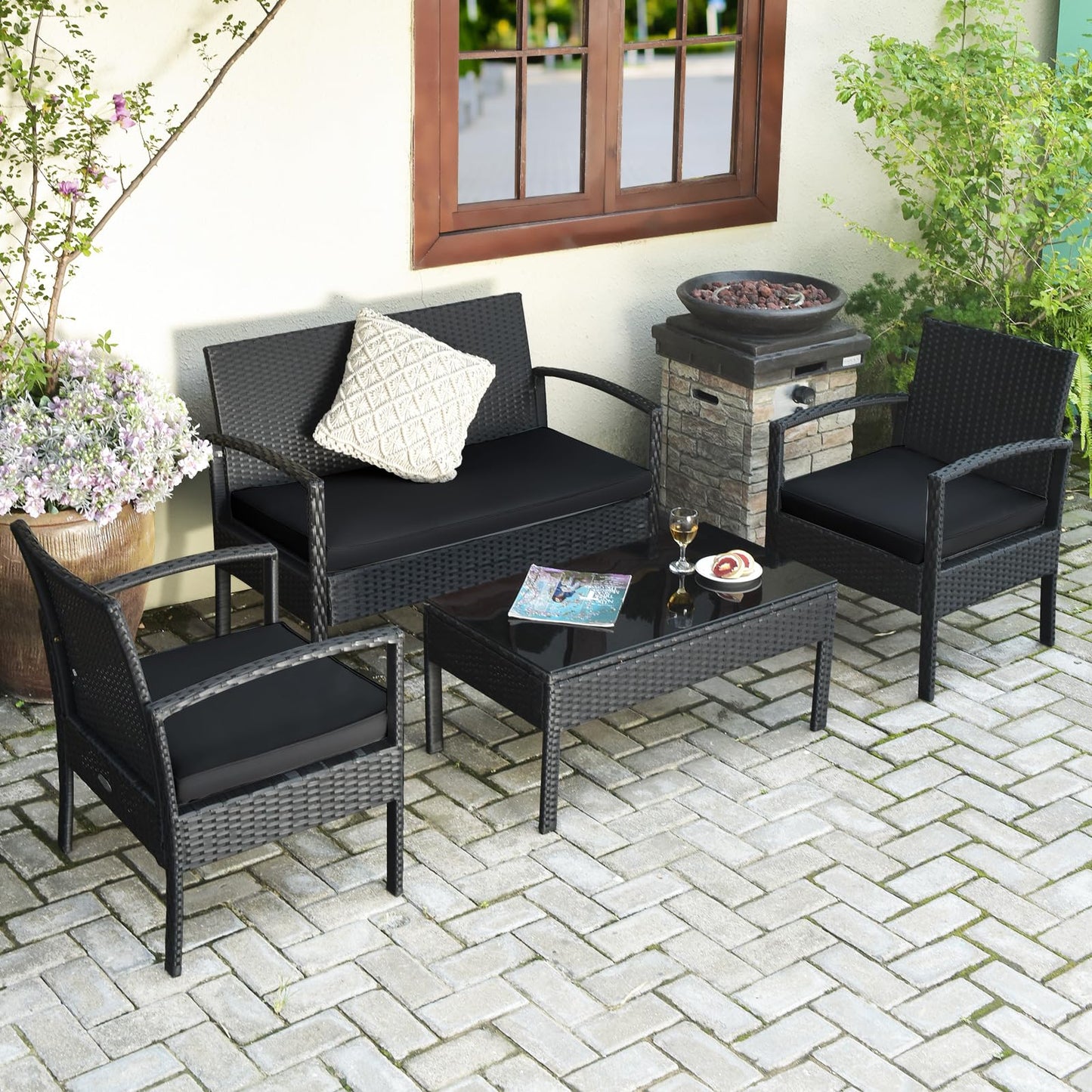 Tangkula 4 Pieces Wicker Patio Conversation Furniture Set, Outdoor Rattan Chair and Table Set, Patio Furniture Sets with Coffee Table & Washable Cushions for Courtyard Balcony Garden