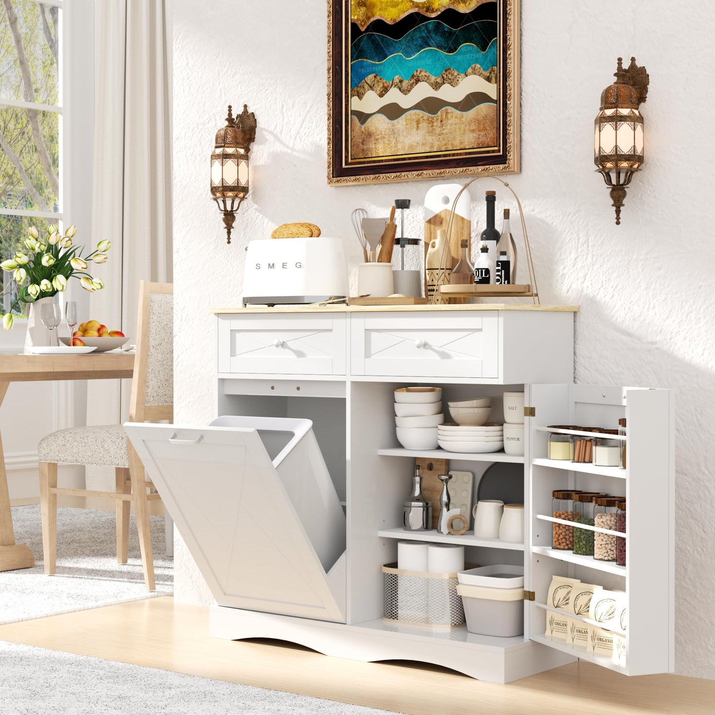 kepptory Tilt Out Trash Can Cabinet 12 Gallon, Pull Out Trash Can Storage Cabinet with 2 Drawers & Countertop, White Kitchen Cabinet with Adjustable Shelf, for Kitchen Pantry, Modern Farmhouse