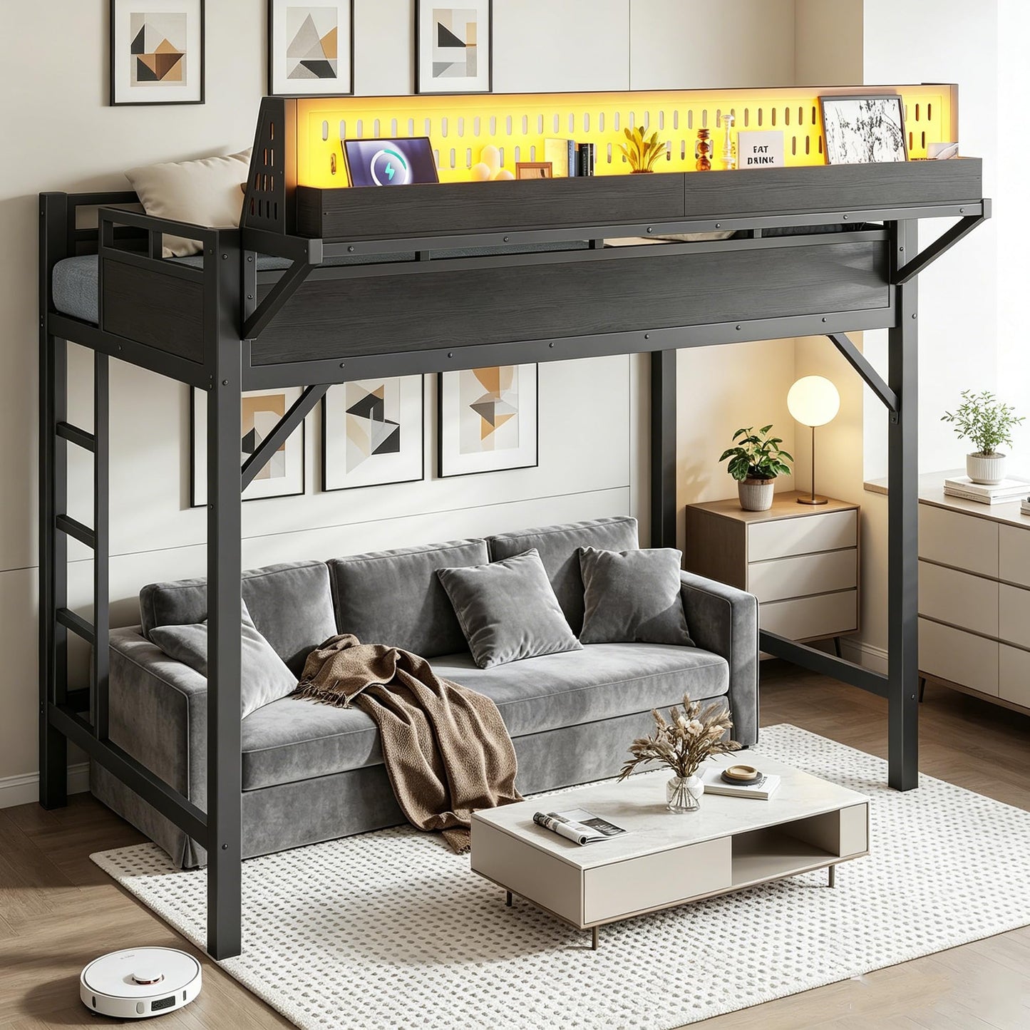 Bellemave Twin XL Metal Loft Bed Frame with Storage Shelf & Pegboard,Heavy Duty Loft Bed with LED Lights and Charging Station for Kids Adults Teens,Black